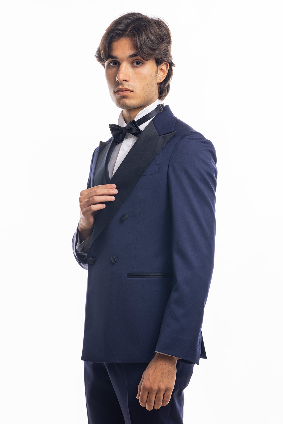 Giacca smoking doppiopetto blu royal da uomo in fresco lana super 130's Vitale Barberis Canonico con rever a Lancia largo in raso
