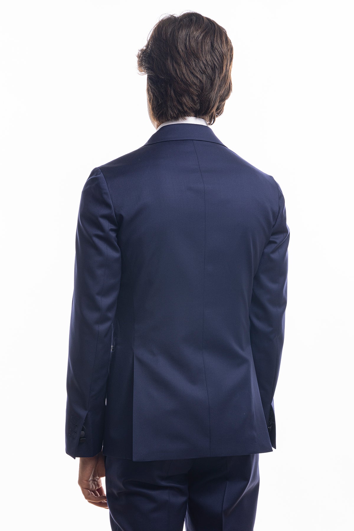 Giacca smoking doppiopetto blu royal da uomo in fresco lana super 130's Vitale Barberis Canonico con rever a Lancia largo in raso