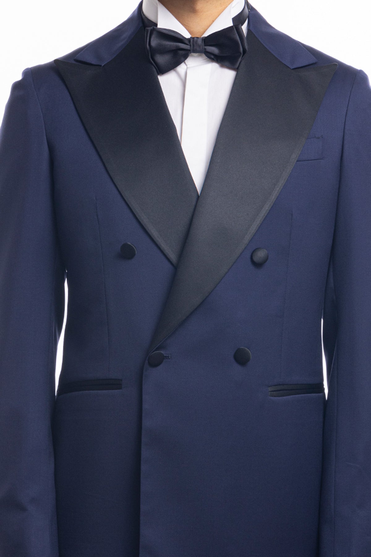 Giacca smoking doppiopetto blu royal da uomo in fresco lana super 130's Vitale Barberis Canonico con rever a Lancia largo in raso