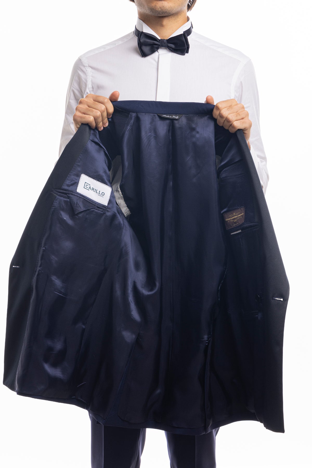 Abito smoking doppiopetto blu royal da uomo in fresco lana super 130's Vitale Barberis Canonico con rever a Lancia largo in raso