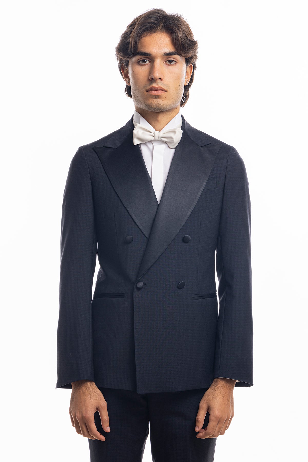 Giacca smoking doppiopetto blu fantasia da uomo in fresco lana super 130's Vitale Barberis Canonico con rever a Lancia largo in raso