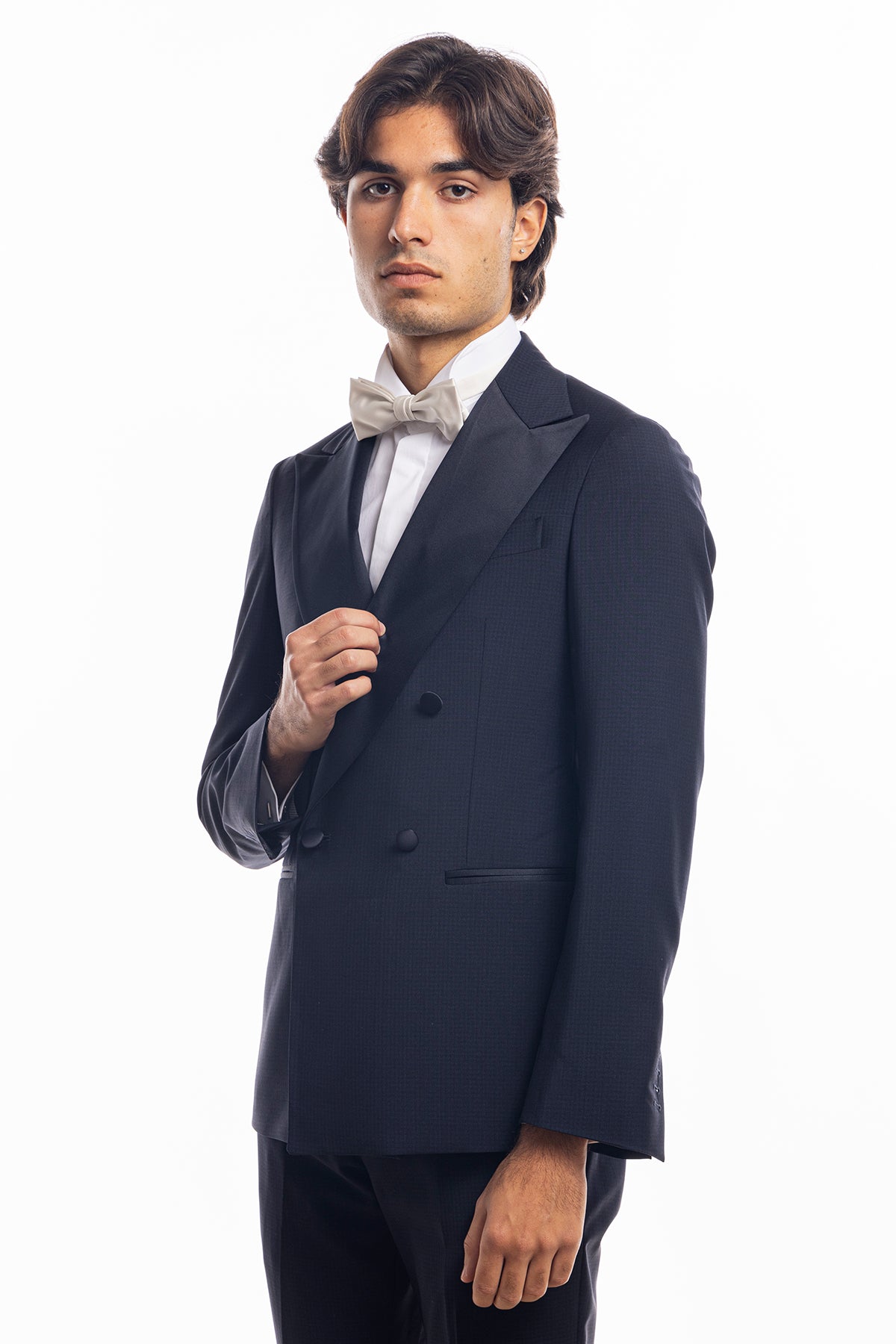 Giacca smoking doppiopetto blu fantasia da uomo in fresco lana super 130's Vitale Barberis Canonico con rever a Lancia largo in raso