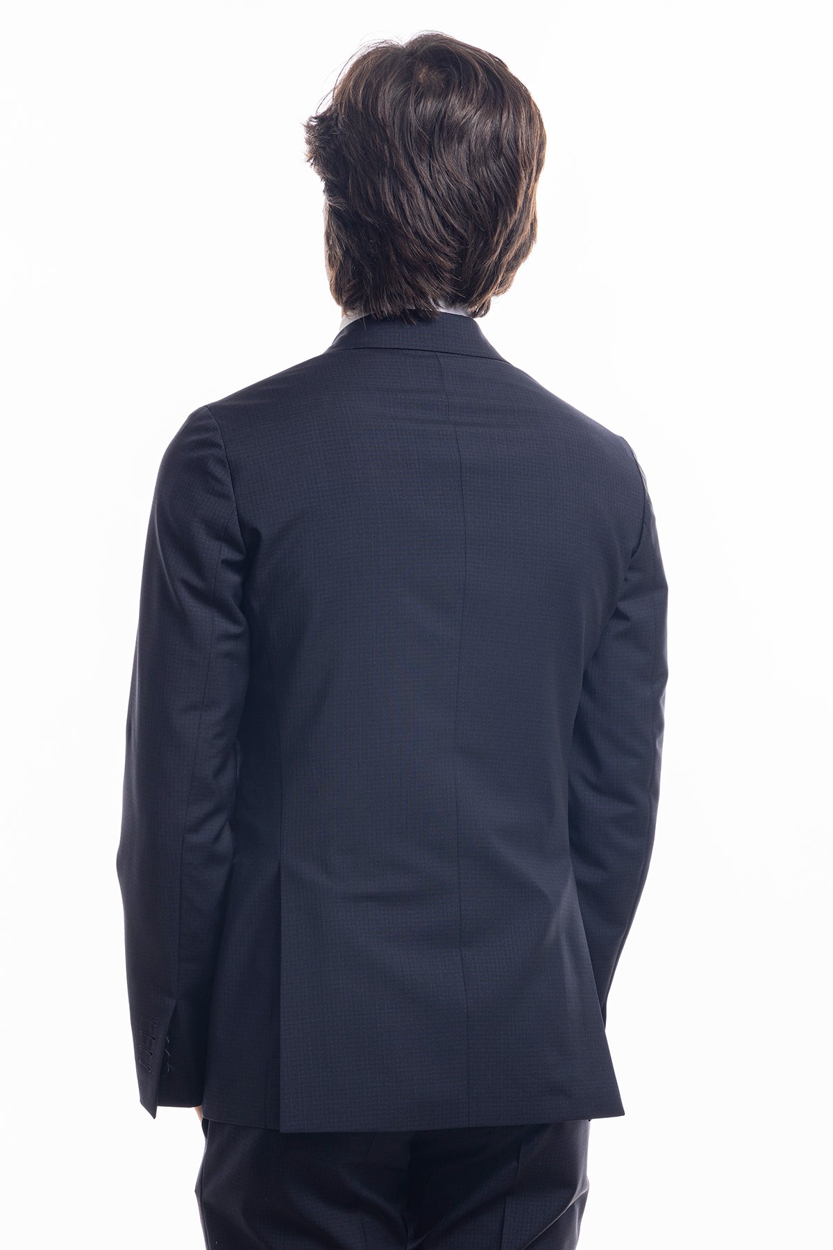 Abito smoking doppiopetto blu fantasia da uomo in fresco lana super 130's Vitale Barberis Canonico con rever a Lancia largo in raso