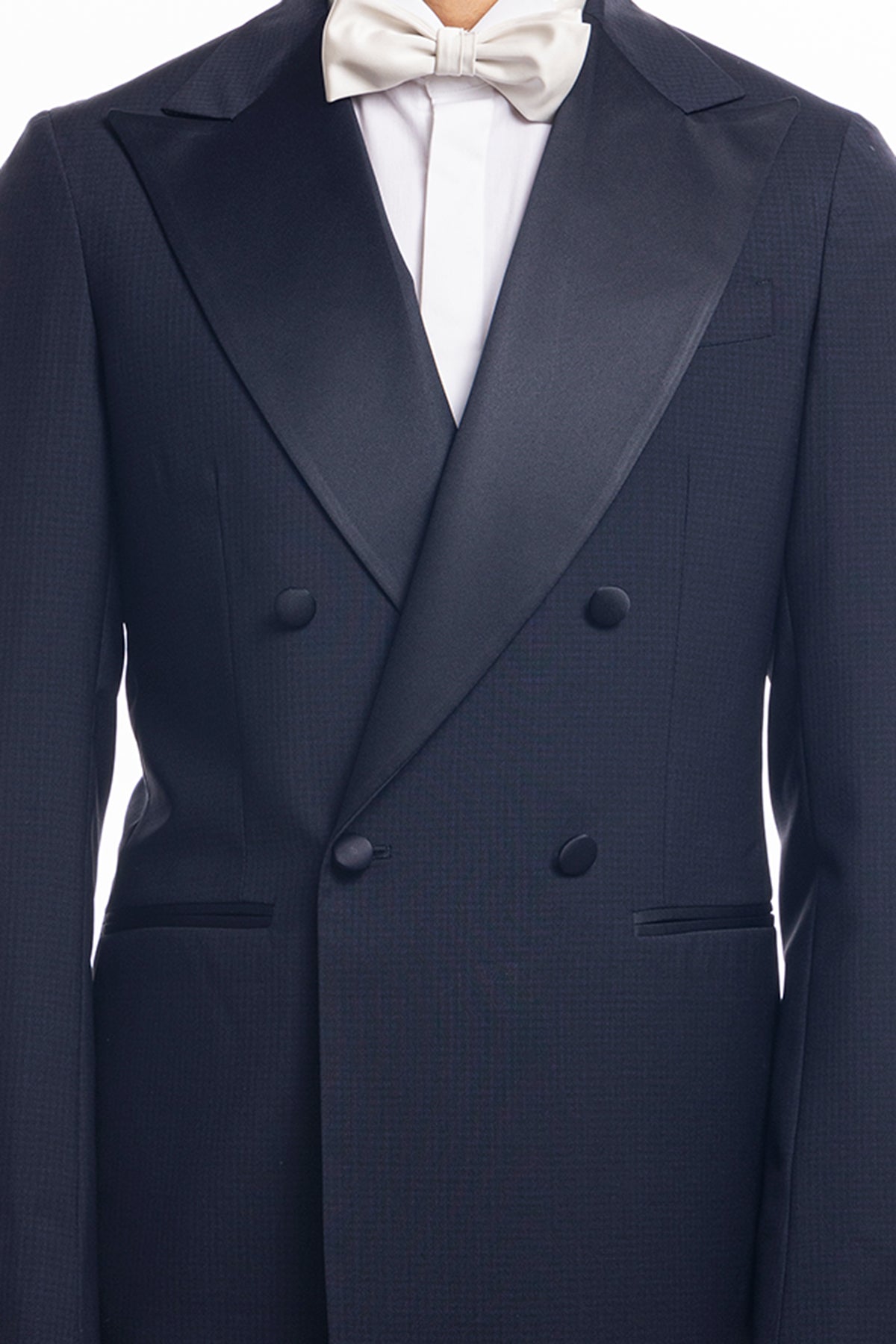 Giacca smoking doppiopetto blu fantasia da uomo in fresco lana super 130's Vitale Barberis Canonico con rever a Lancia largo in raso