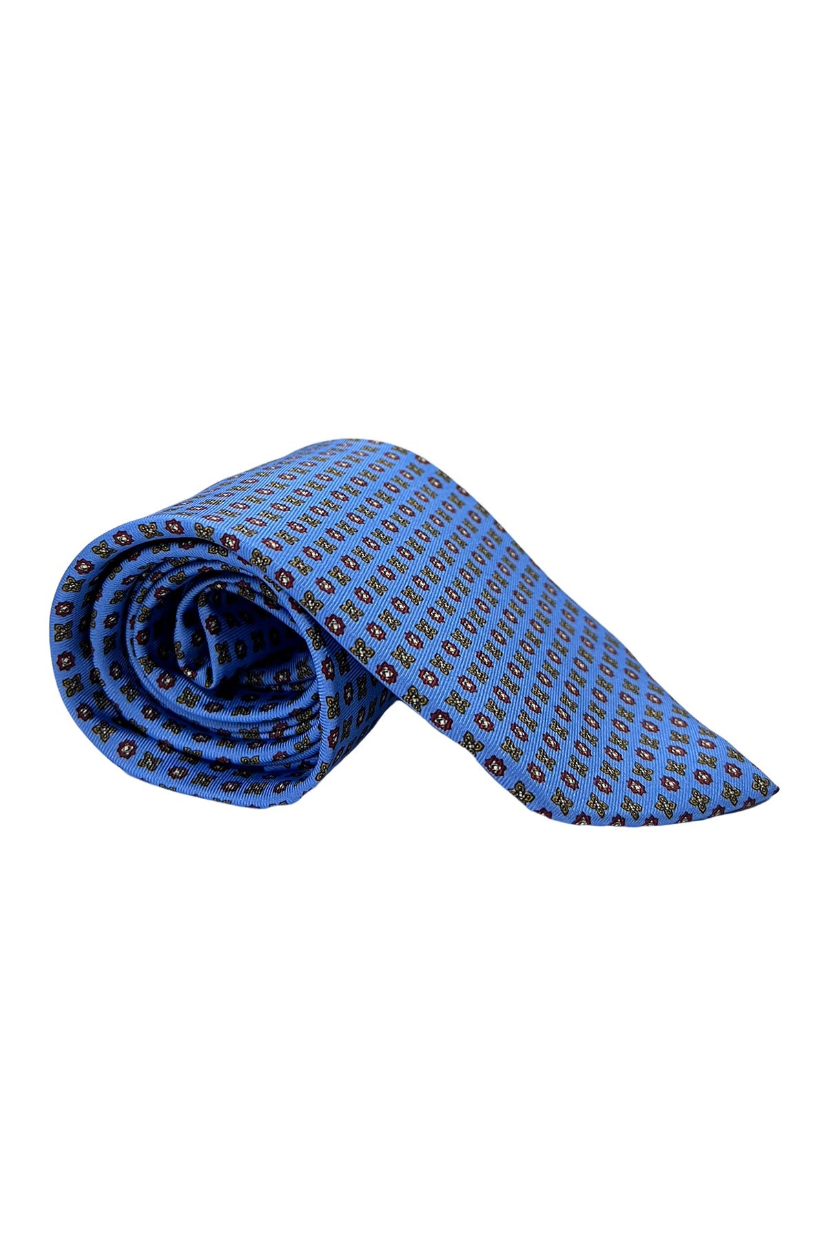 Cravatta uomo azzurra 9cm fantasia fiori multcolor in pura seta cucita a mano