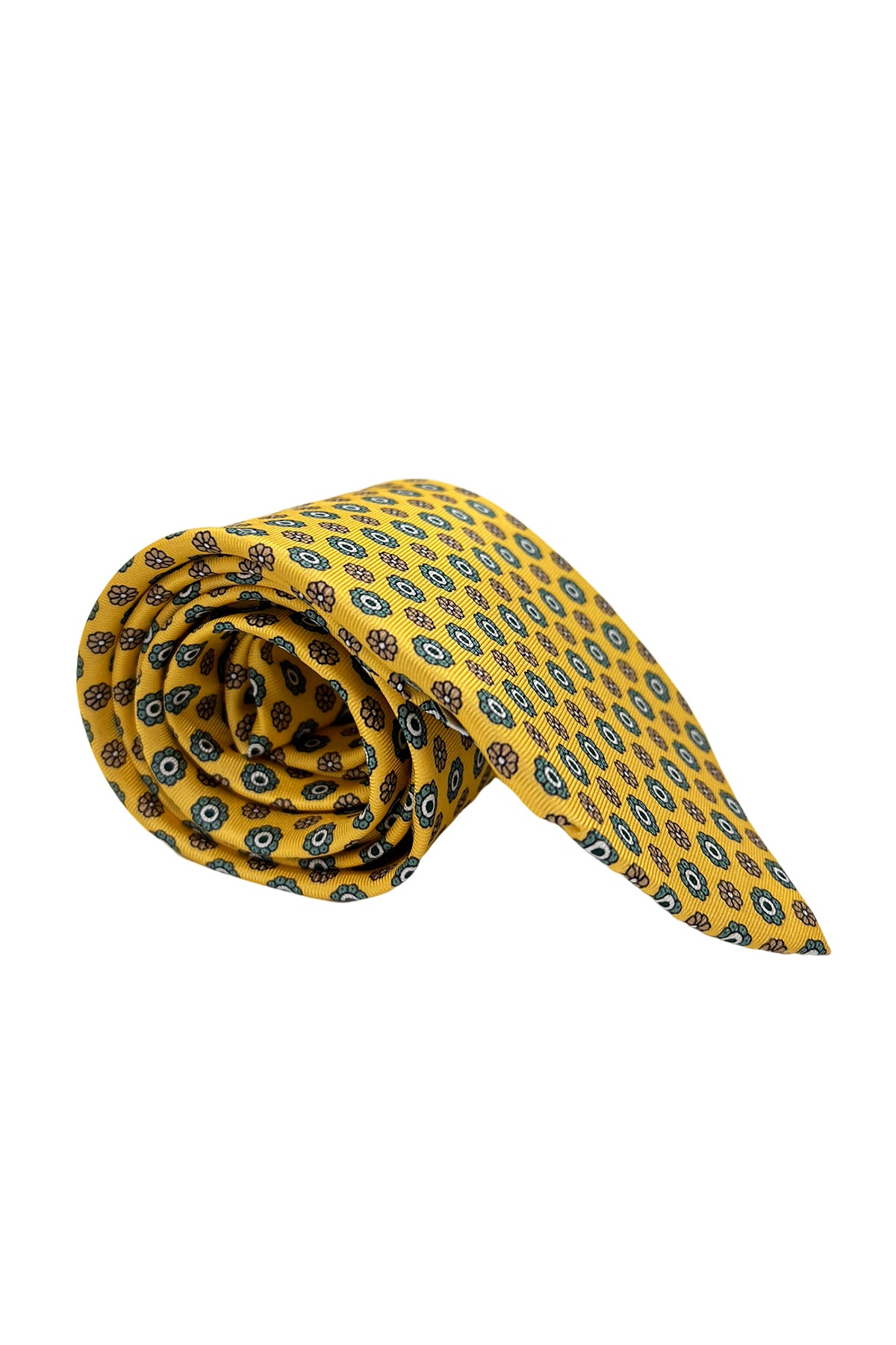 Cravatta uomo gialla 9cm fantasia fiori multcolor in pura seta cucita a mano