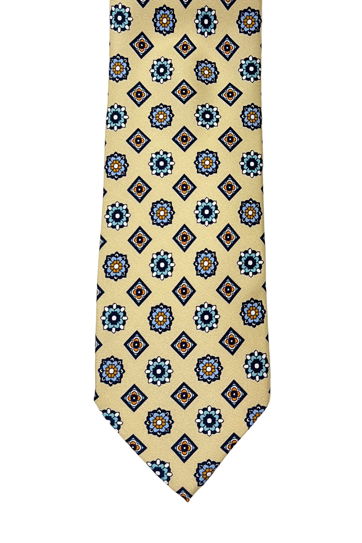 Cravatta uomo giallina 9cm fantasia fiori multcolor in pura seta cucita a mano