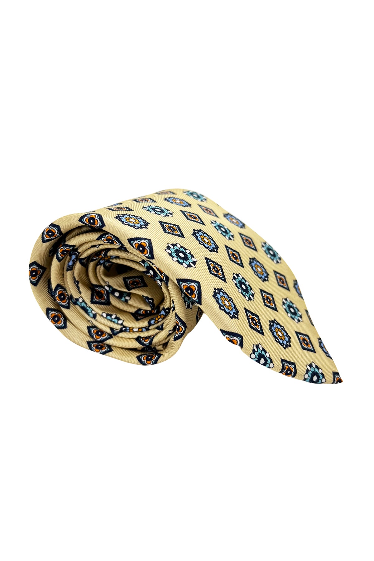 Cravatta uomo giallina 9cm fantasia fiori multcolor in pura seta cucita a mano