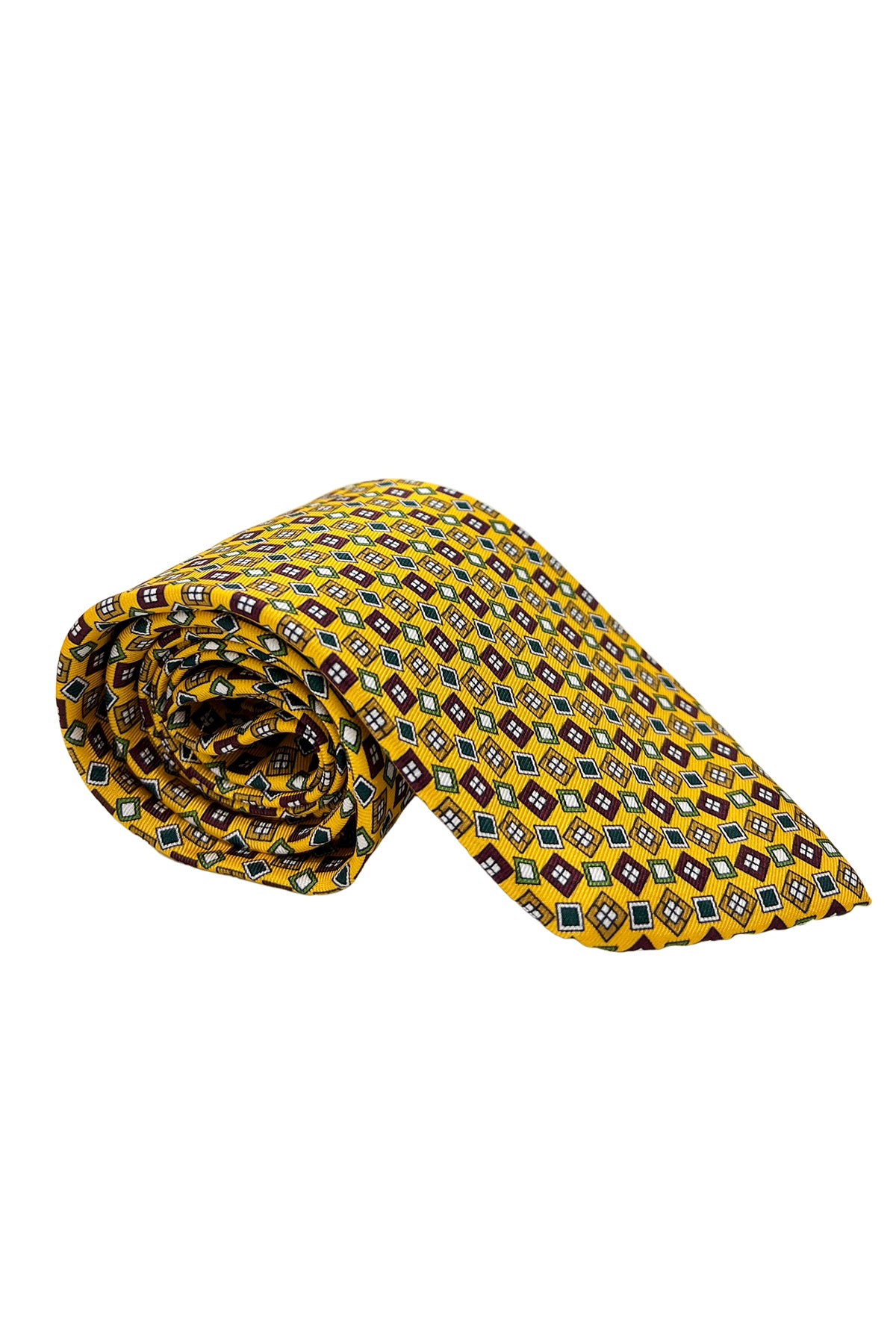 Cravatta uomo gialla 9cm fantasia quadrati multcolor in pura seta cucita a mano