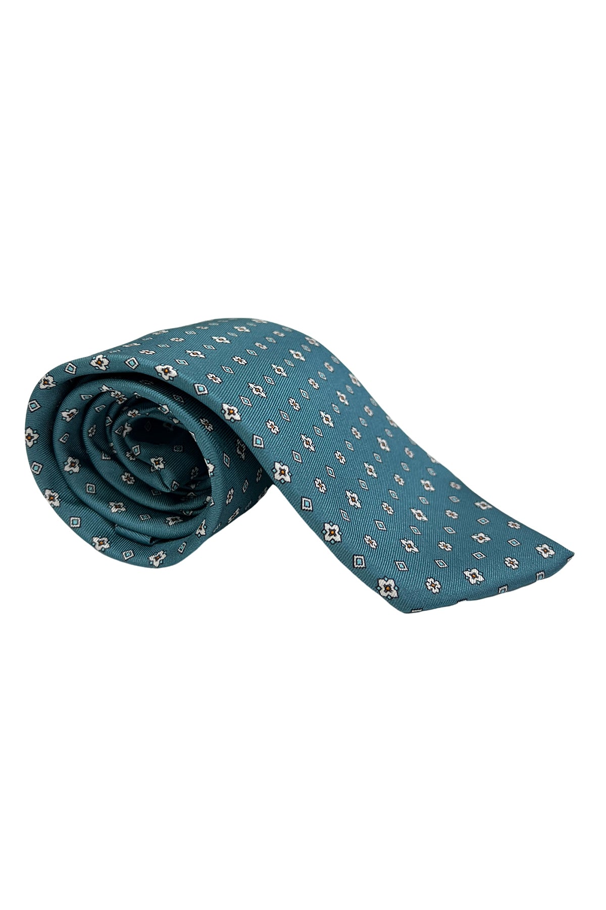 Cravatta uomo color ottanio 9cm fantasia fiori multcolor in pura seta cucita a mano