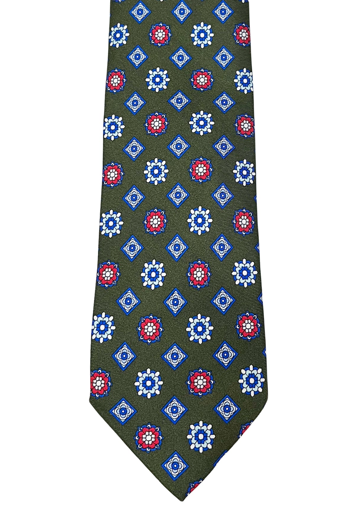 Cravatta uomo verde militare 9cm fantasia fiori multcolor in pura seta cucita a mano