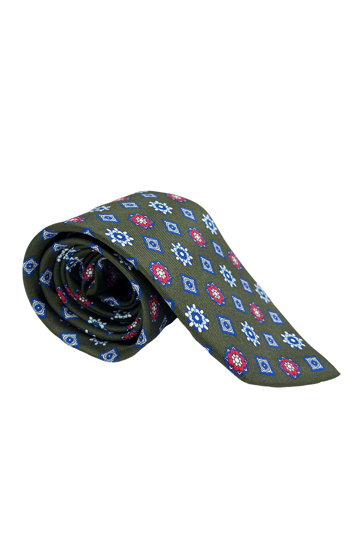Cravatta uomo verde militare 9cm fantasia fiori multcolor in pura seta cucita a mano