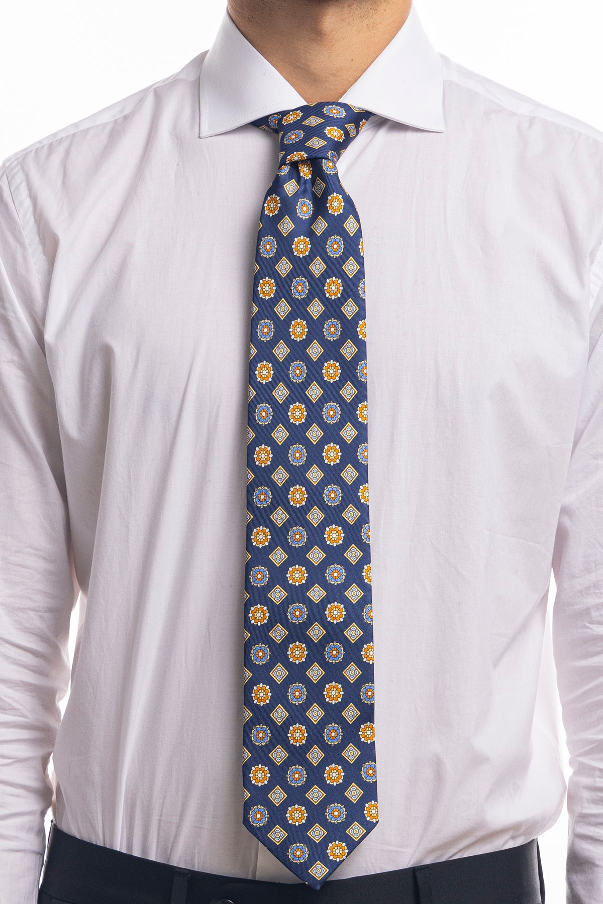 Cravatta uomo blu 9cm fantasia Fiori multcolor in pura seta cucita a mano