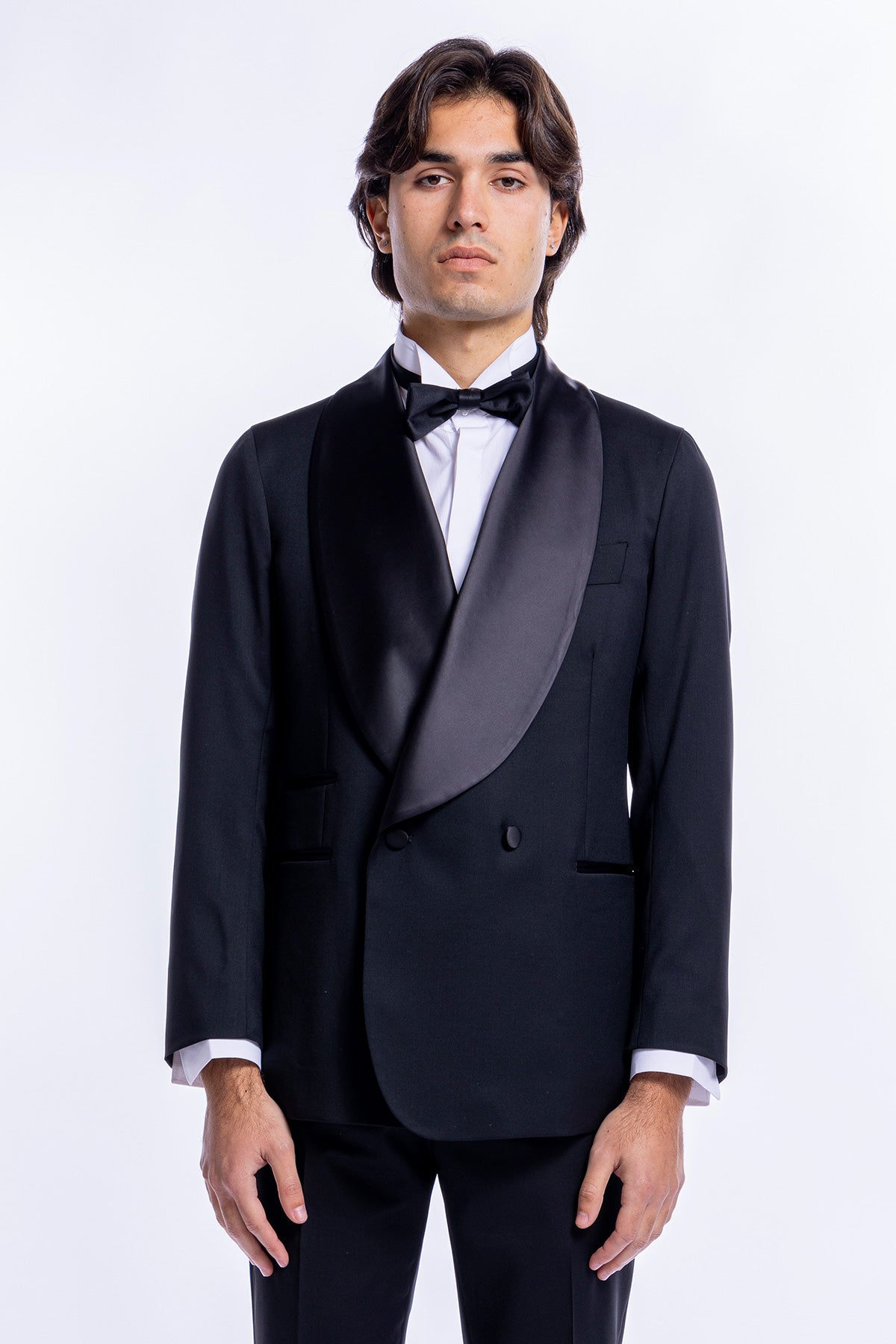 Giacca smoking doppiopetto nera da uomo in fresco lana super 130's Vitale Barberis Canonico con rever a scialle largo in raso