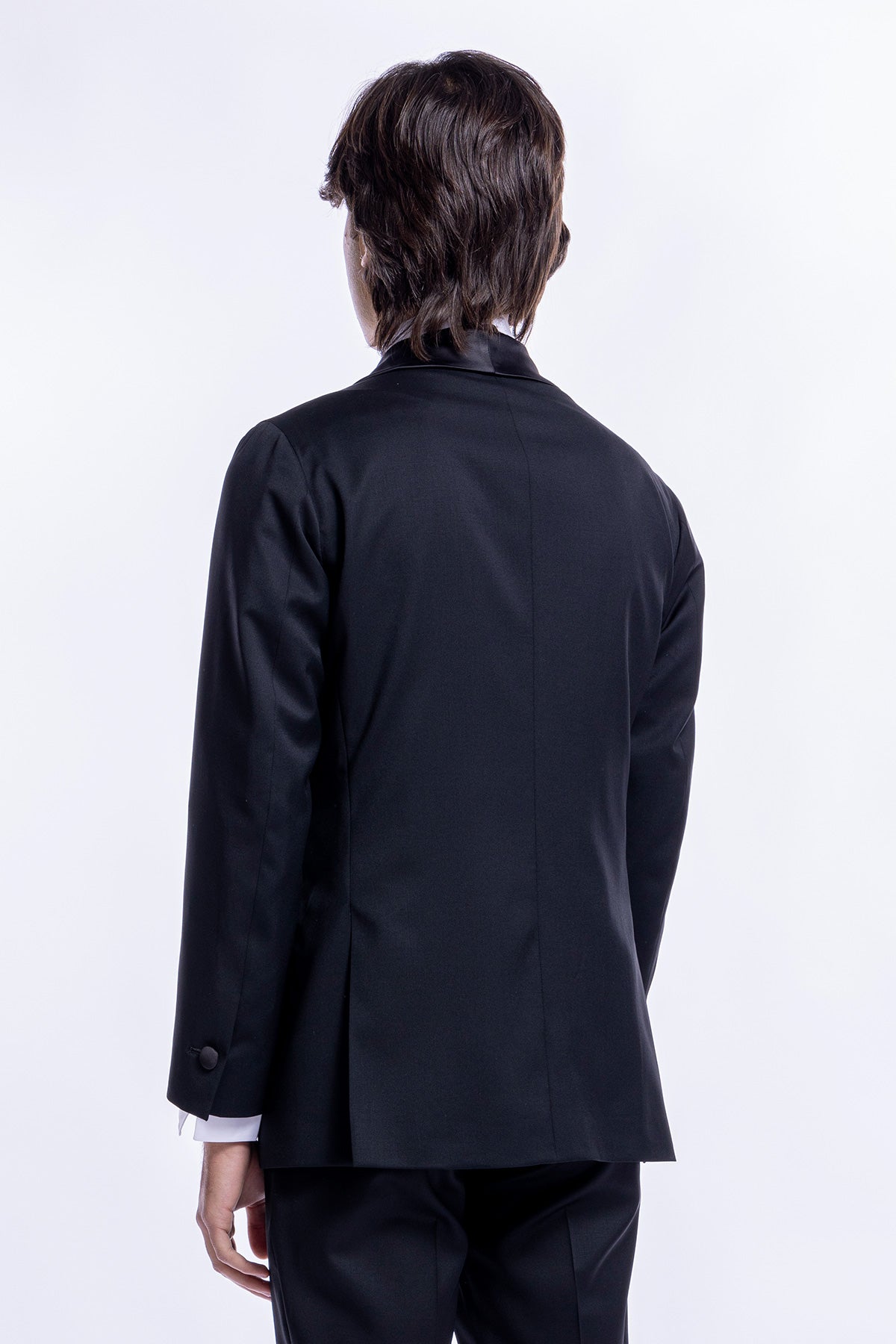 Giacca smoking doppiopetto nera da uomo in fresco lana super 130's Vitale Barberis Canonico con rever a scialle largo in raso