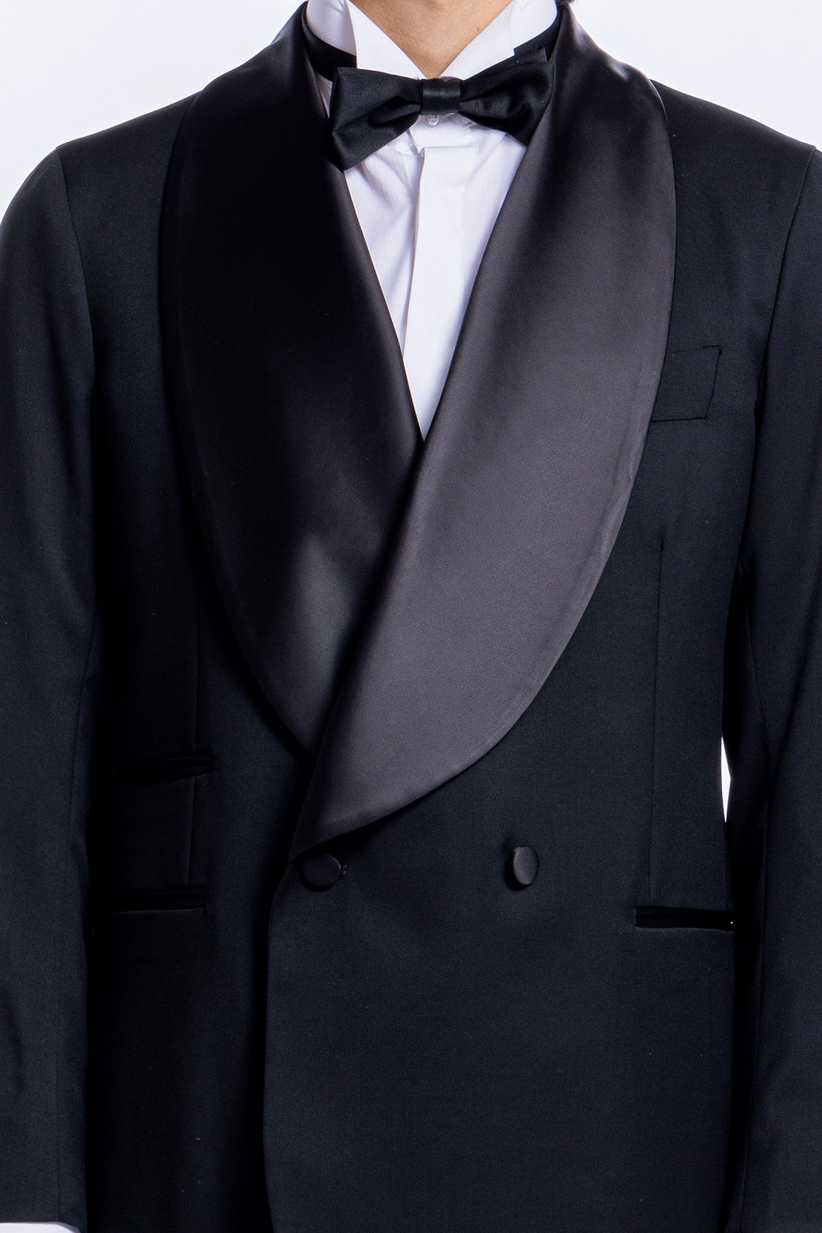 Giacca smoking doppiopetto nera da uomo in fresco lana super 130's Vitale Barberis Canonico con rever a scialle largo in raso