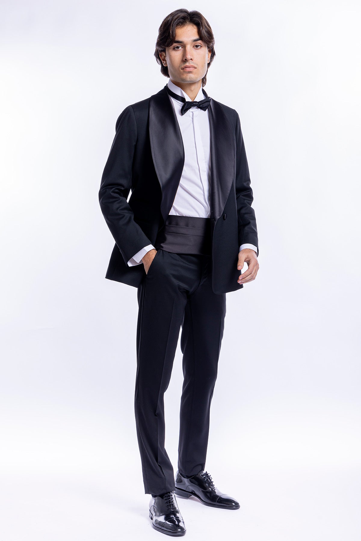 Giacca smoking doppiopetto nera da uomo in fresco lana super 130's Vitale Barberis Canonico con rever a scialle largo in raso