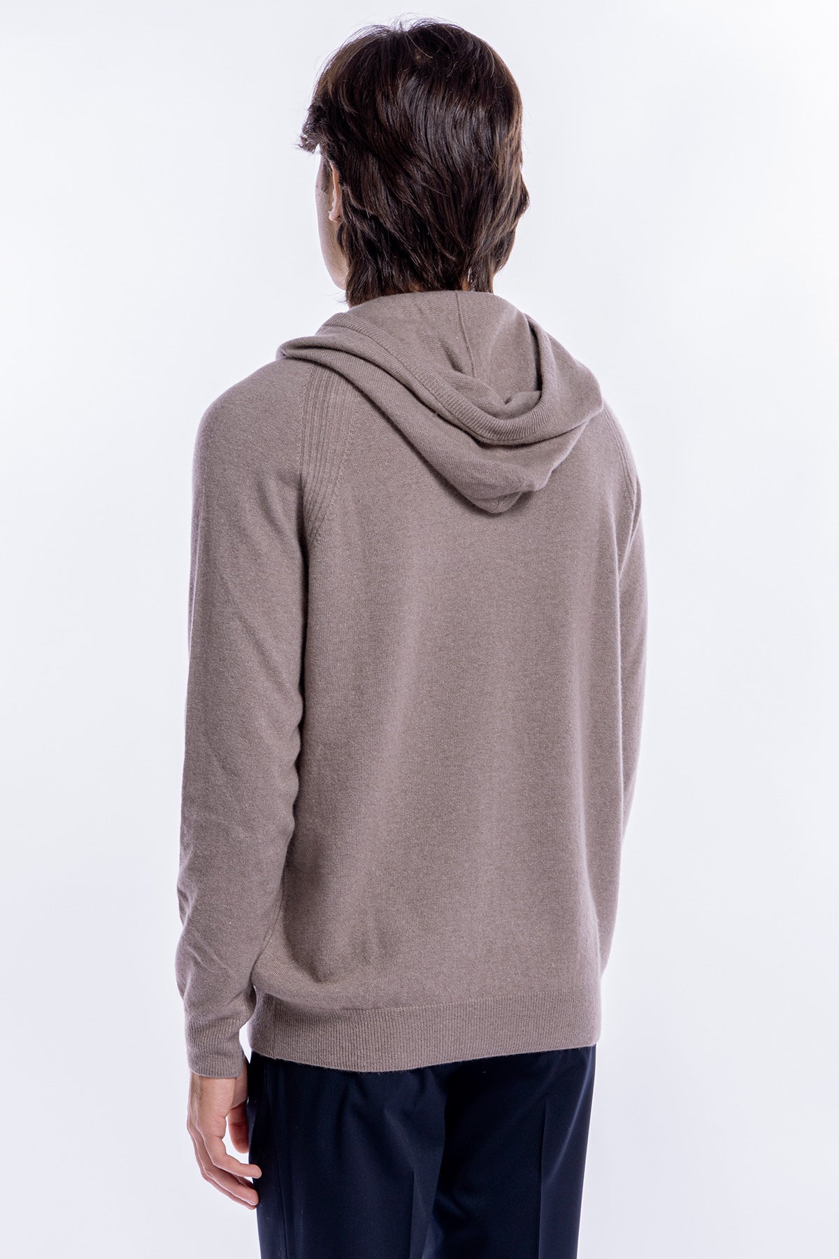 Felpa da uomo beige in lana e cashmere con cappuccio e tasche sul davanti