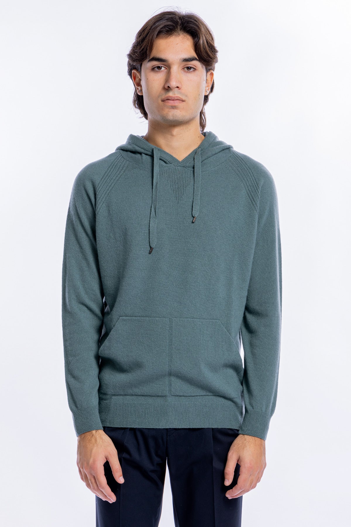Felpa da uomo verde bottiglia in lana e cashmere con cappuccio e tasche sul davanti