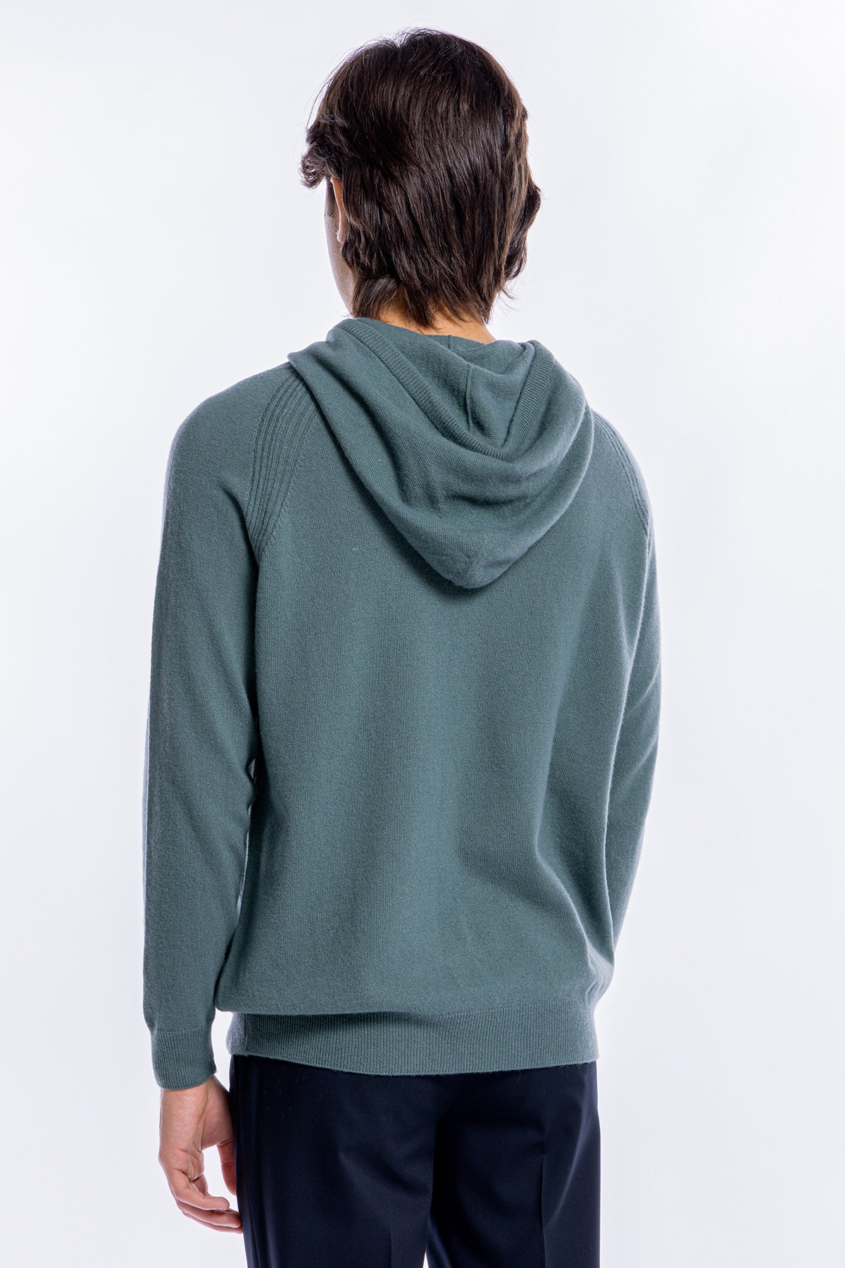 Felpa da uomo verde bottiglia in lana e cashmere con cappuccio e tasche sul davanti
