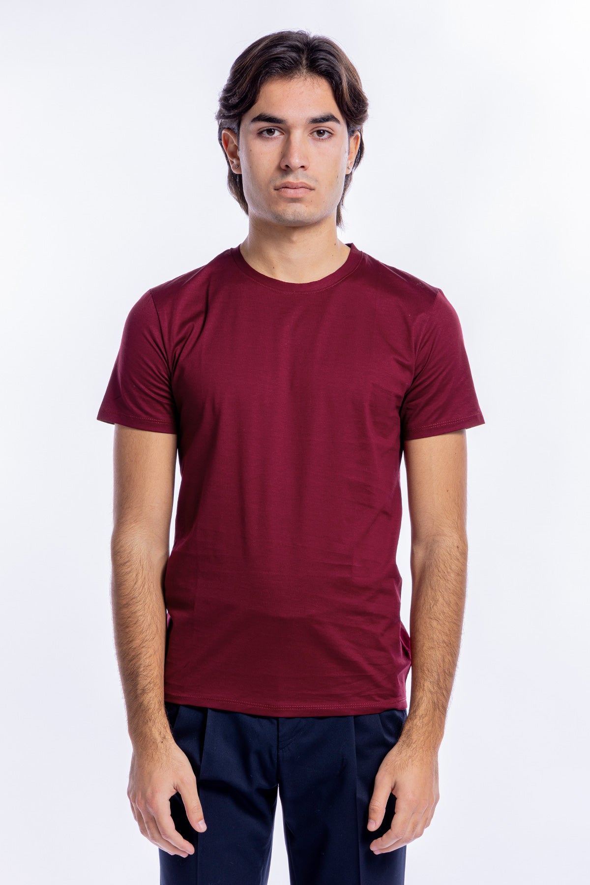 T-shirt da uomo filo di scozia bordeaux 100% cotone slim fit tinta unita Made In Italy