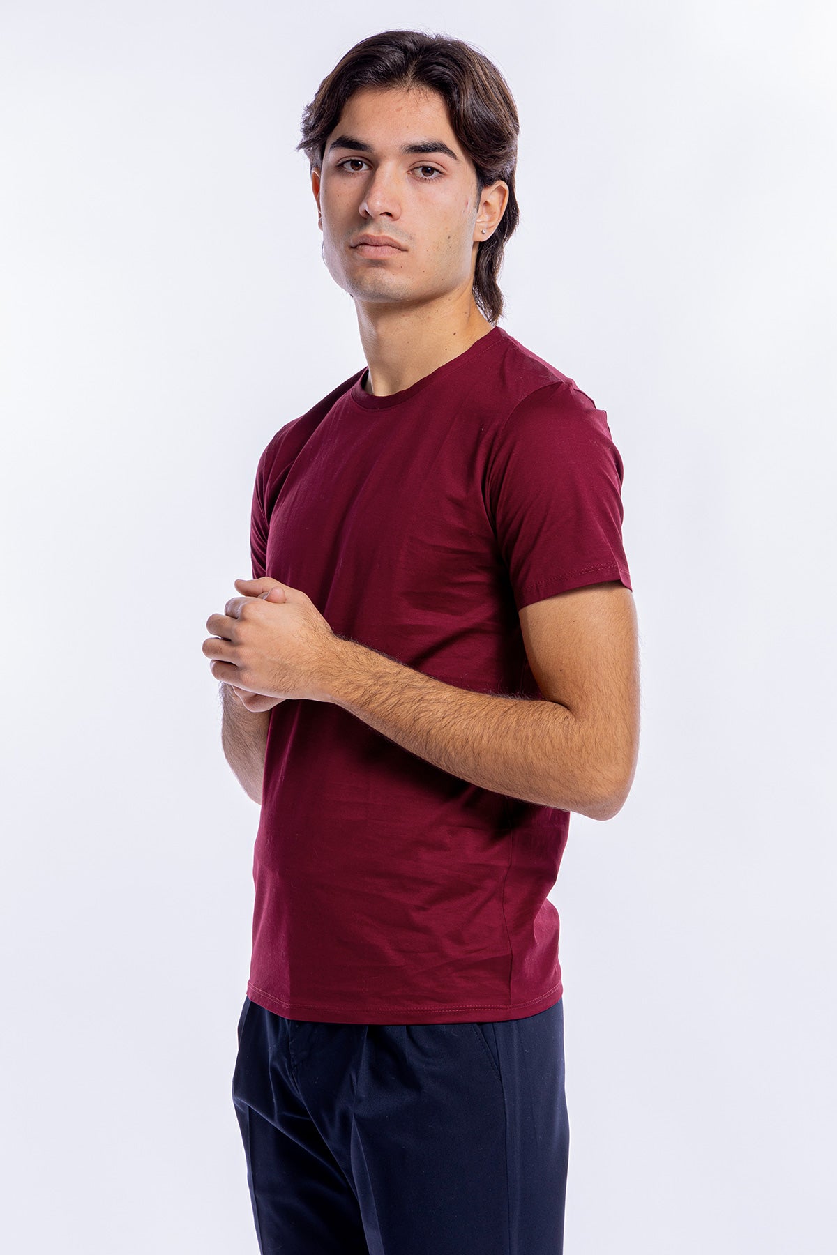 T-shirt da uomo filo di scozia bordeaux 100% cotone slim fit tinta unita Made In Italy