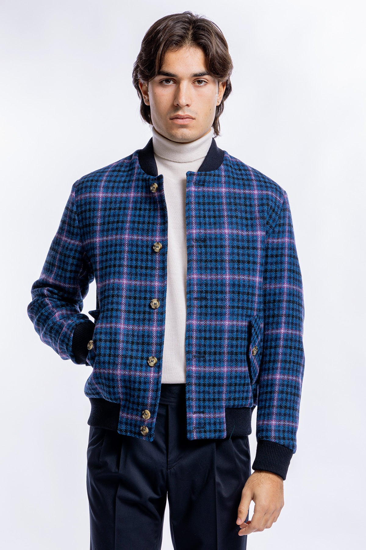 Giubbotto da uomo blu fantasia galles in pura lana al 100% Holland &amp; Sherry slim fit