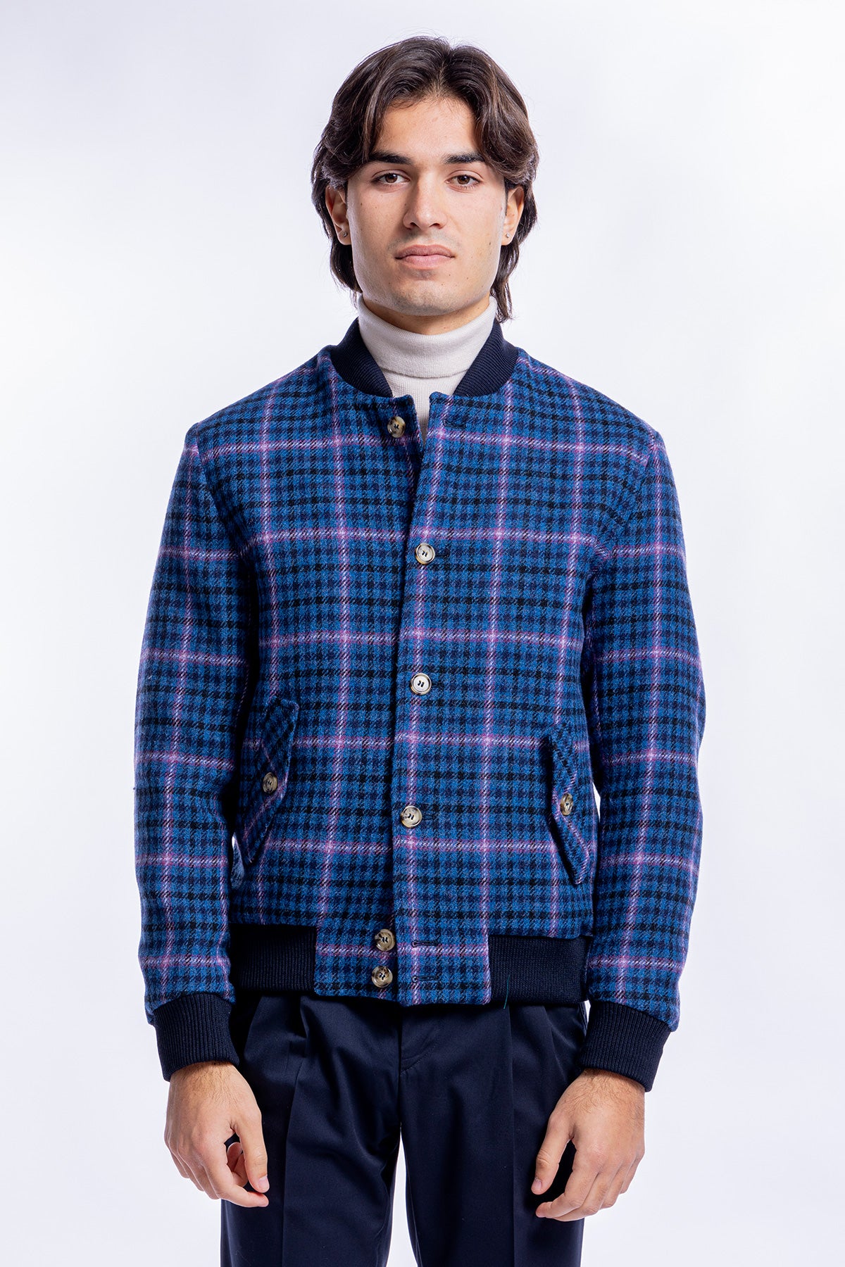 Giubbotto da uomo blu fantasia galles in pura lana al 100% Holland &amp; Sherry slim fit