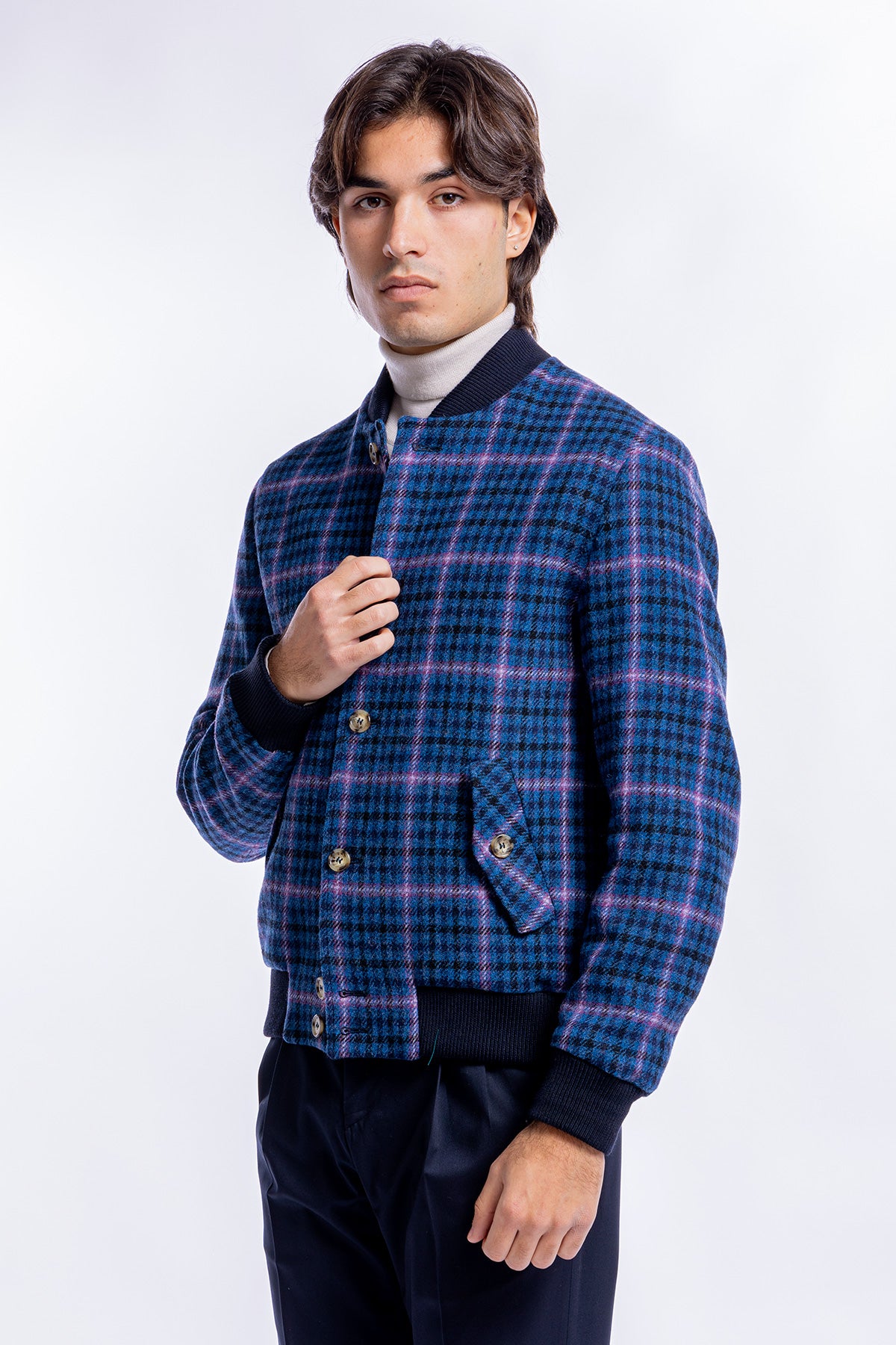 Giubbotto da uomo blu fantasia galles in pura lana al 100% Holland & Sherry slim fit