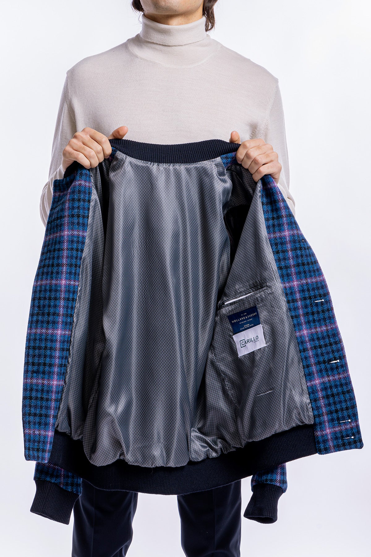 Giubbotto da uomo blu fantasia galles in pura lana al 100% Holland & Sherry slim fit