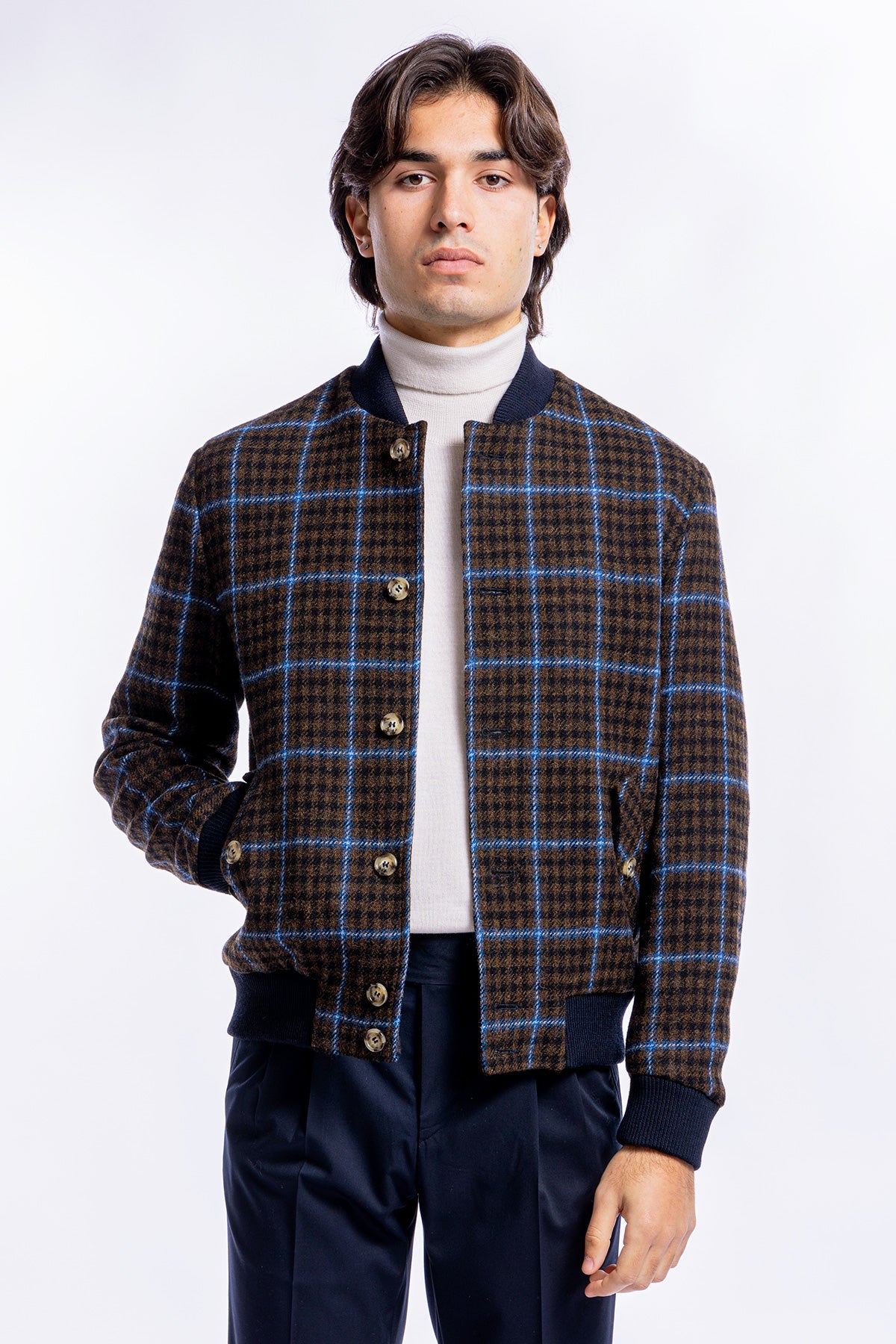 Giubbotto da uomo marrone fantasia galles in pura lana al 100% Holland &amp; Sherry slim fit