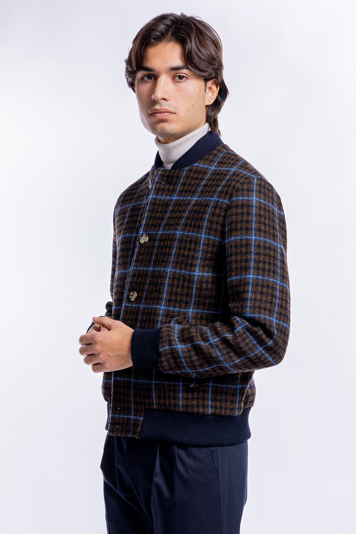 Giubbotto da uomo marrone fantasia galles in pura lana al 100% Holland & Sherry slim fit
