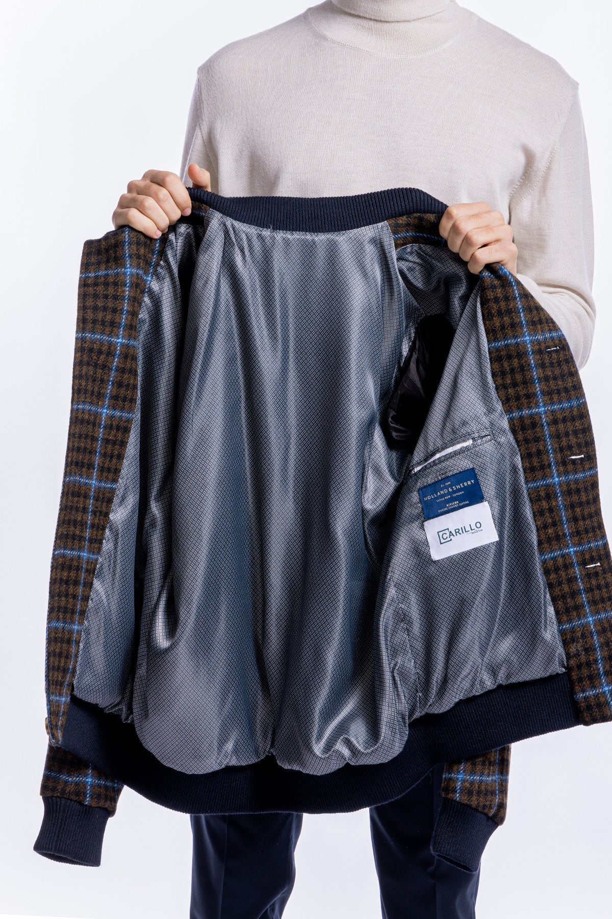 Giubbotto da uomo marrone fantasia galles in pura lana al 100% Holland & Sherry slim fit