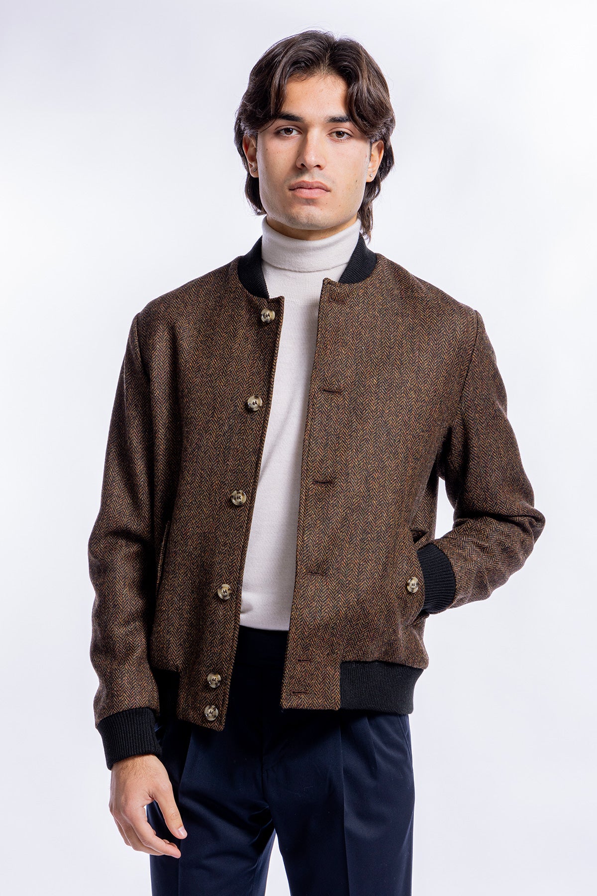 Giubbotto da uomo marrone fantasia spigata in pura lana al 100% Holland & Sherry slim fit