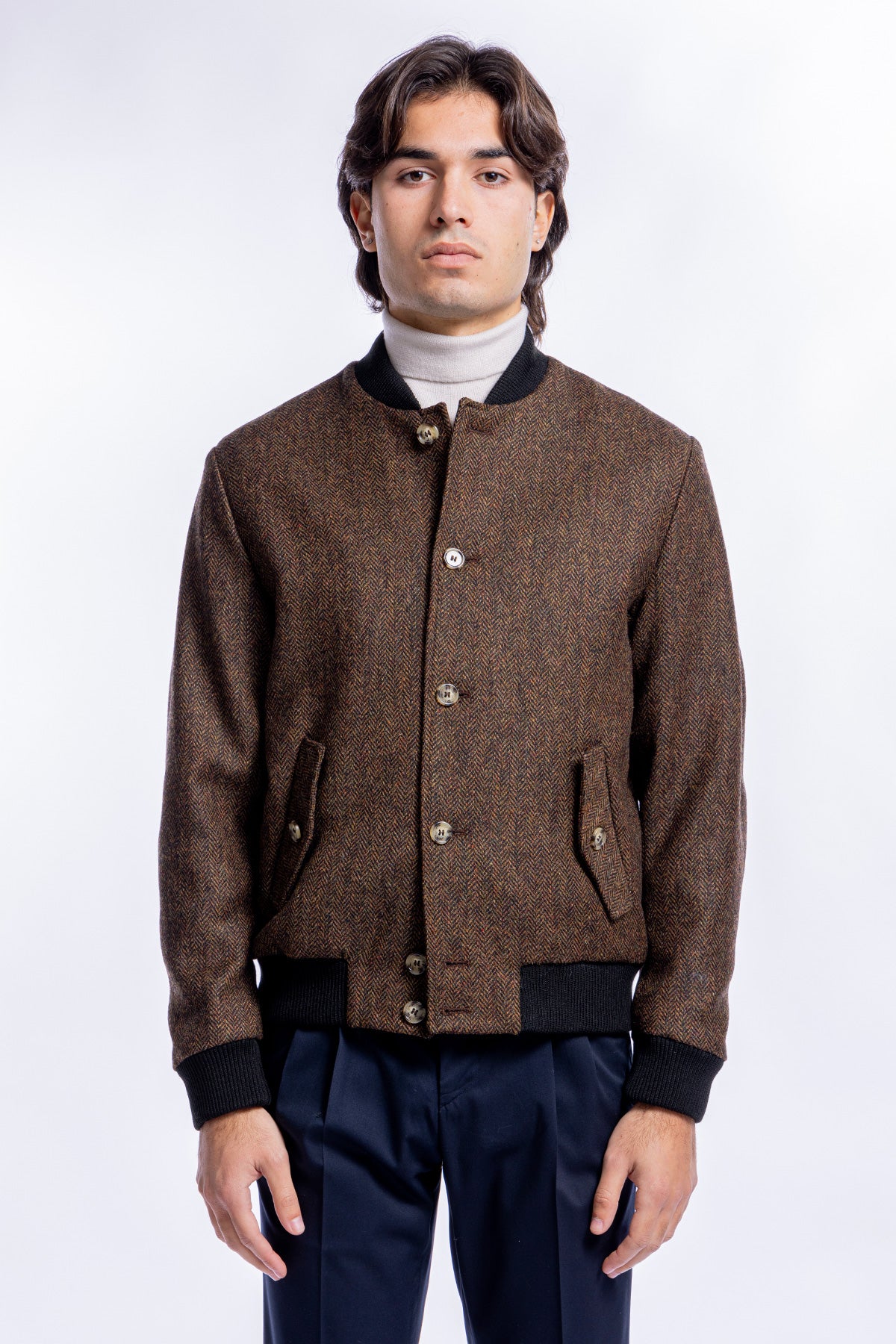Giubbotto da uomo marrone fantasia spigata in pura lana al 100% Holland & Sherry slim fit