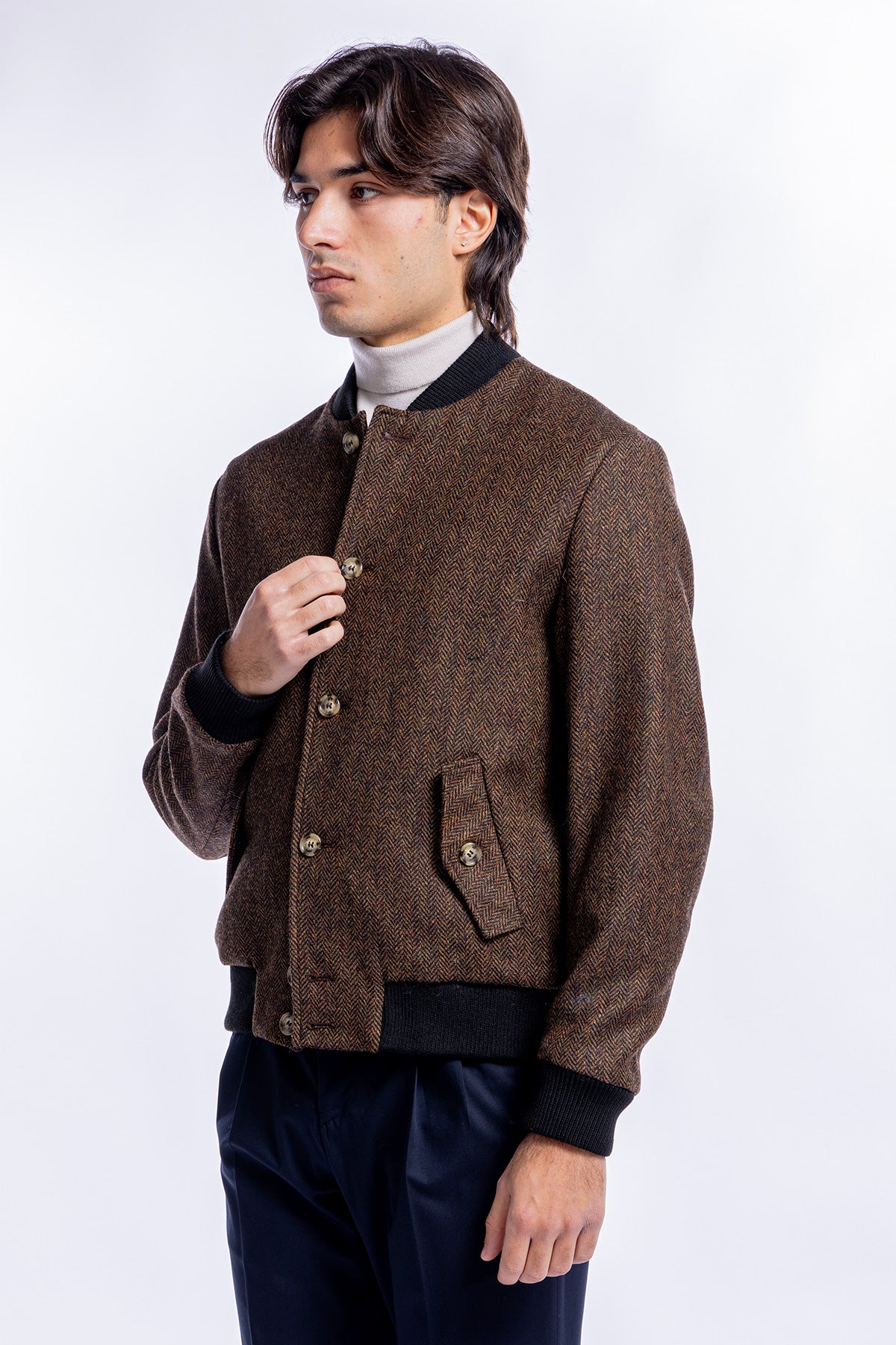 Giubbotto da uomo marrone fantasia spigata in pura lana al 100% Holland & Sherry slim fit
