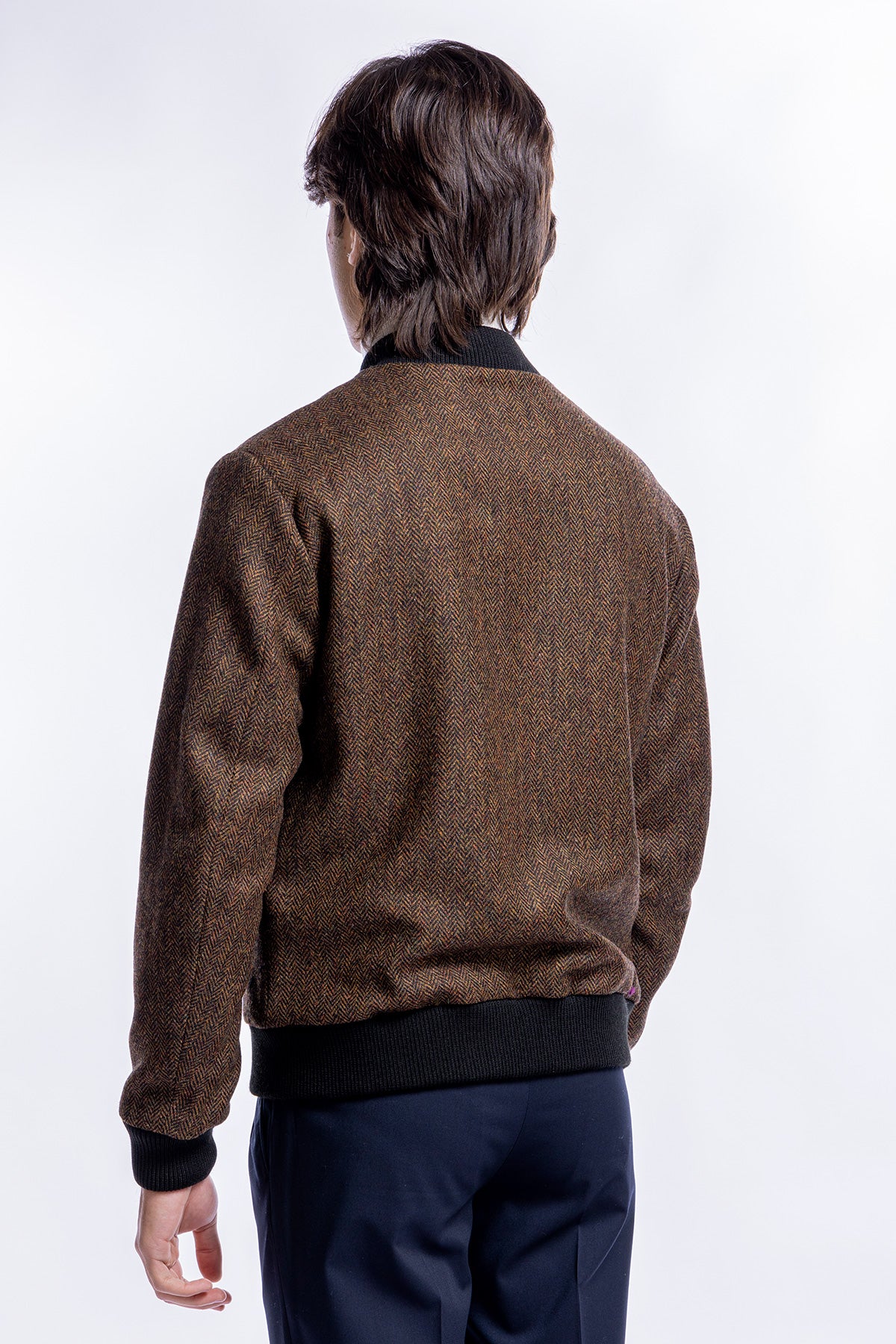 Giubbotto da uomo marrone fantasia spigata in pura lana al 100% Holland & Sherry slim fit