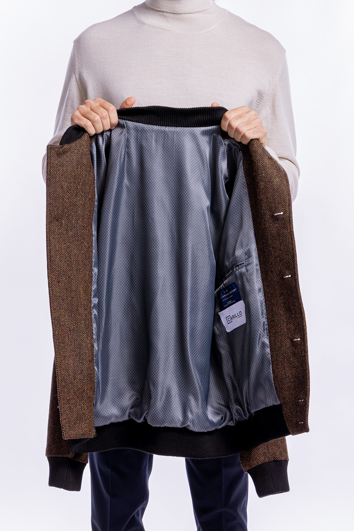 Giubbotto da uomo marrone fantasia spigata in pura lana al 100% Holland & Sherry slim fit