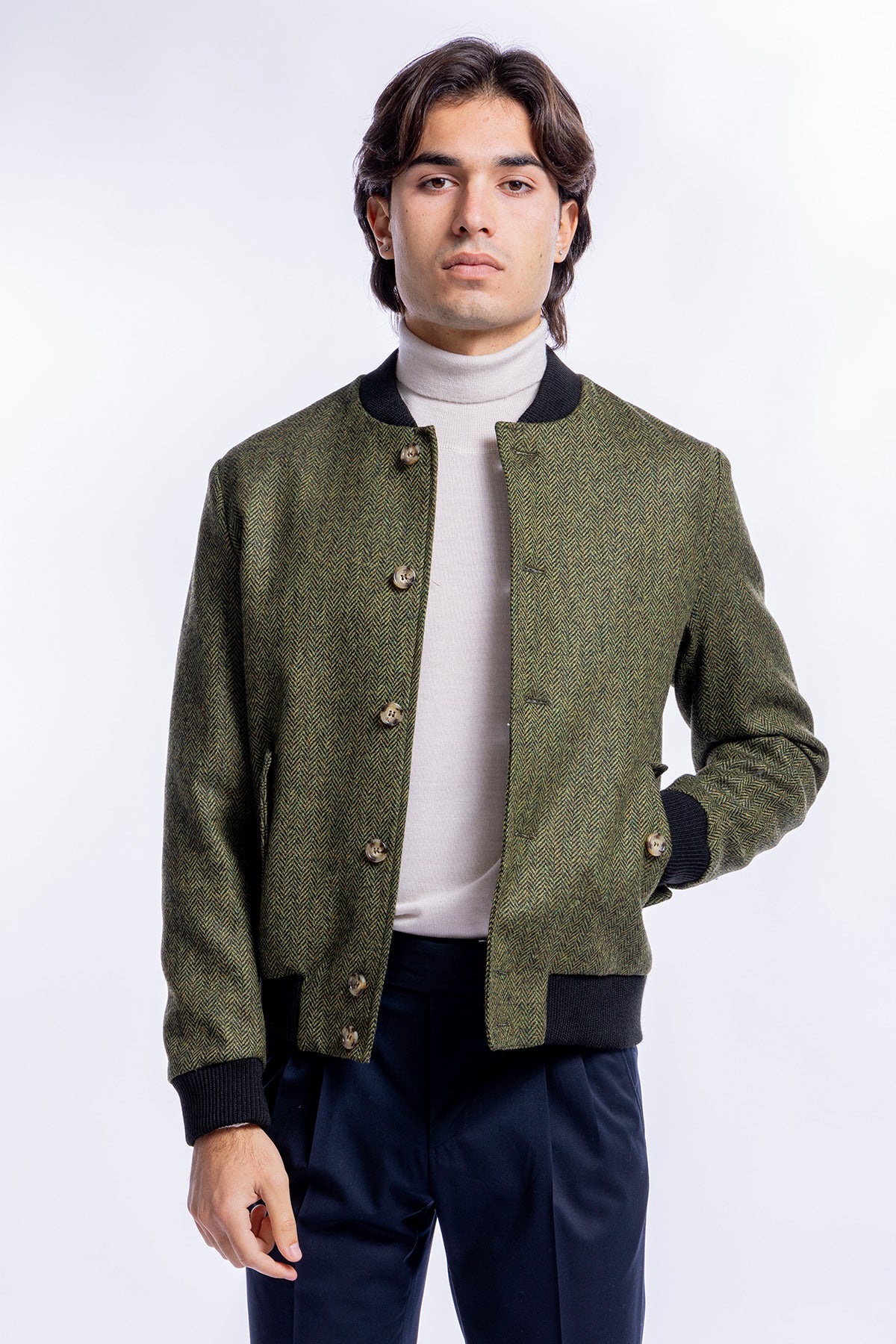 Giubbotto da uomo verde fantasia spigata in pura lana al 100% Holland &amp; Sherry slim fit