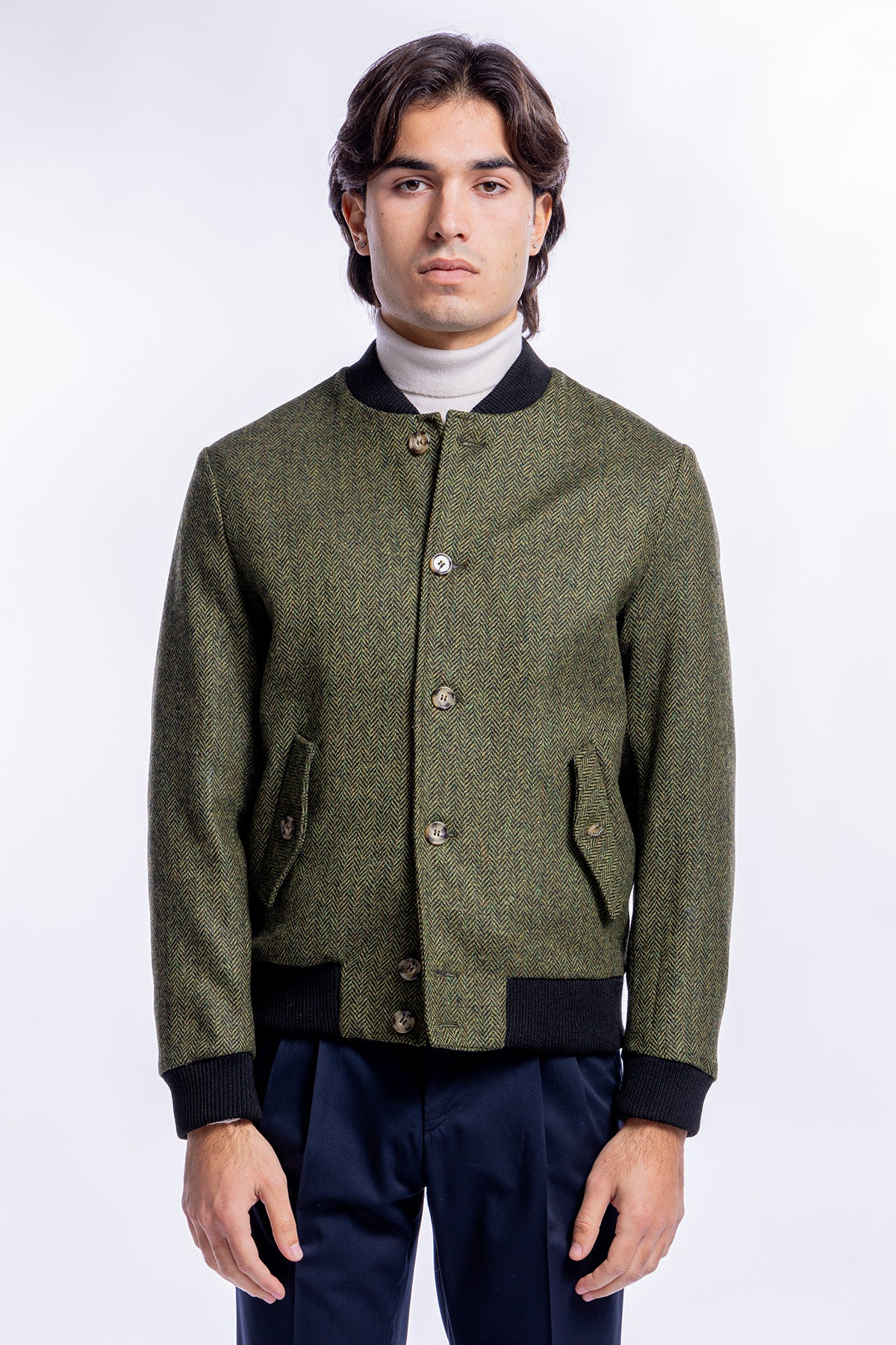 Giubbotto da uomo verde fantasia spigata in pura lana al 100% Holland &amp; Sherry slim fit