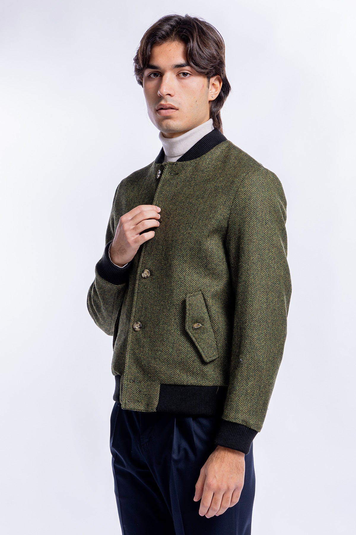 Giubbotto da uomo verde fantasia spigata in pura lana al 100% Holland & Sherry slim fit