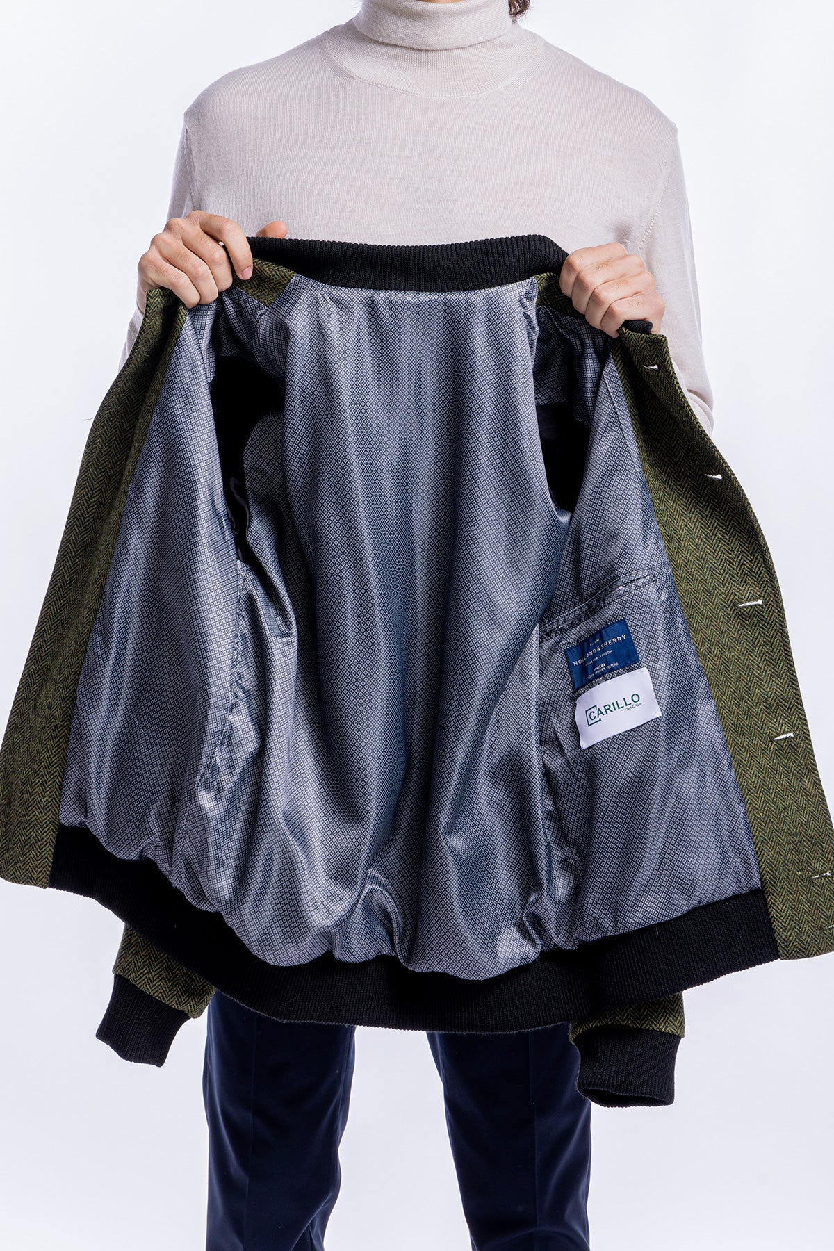 Giubbotto da uomo verde fantasia spigata in pura lana al 100% Holland & Sherry slim fit
