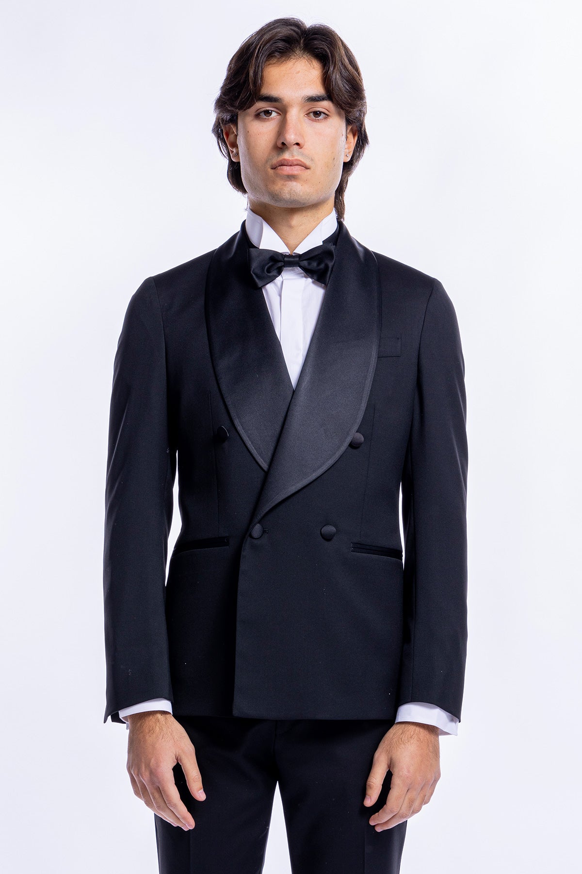 Giacca smoking Doppiopetto nera da uomo in fresco lana super 130's Vitale Barberis Canonico con rever a scialle largo in raso