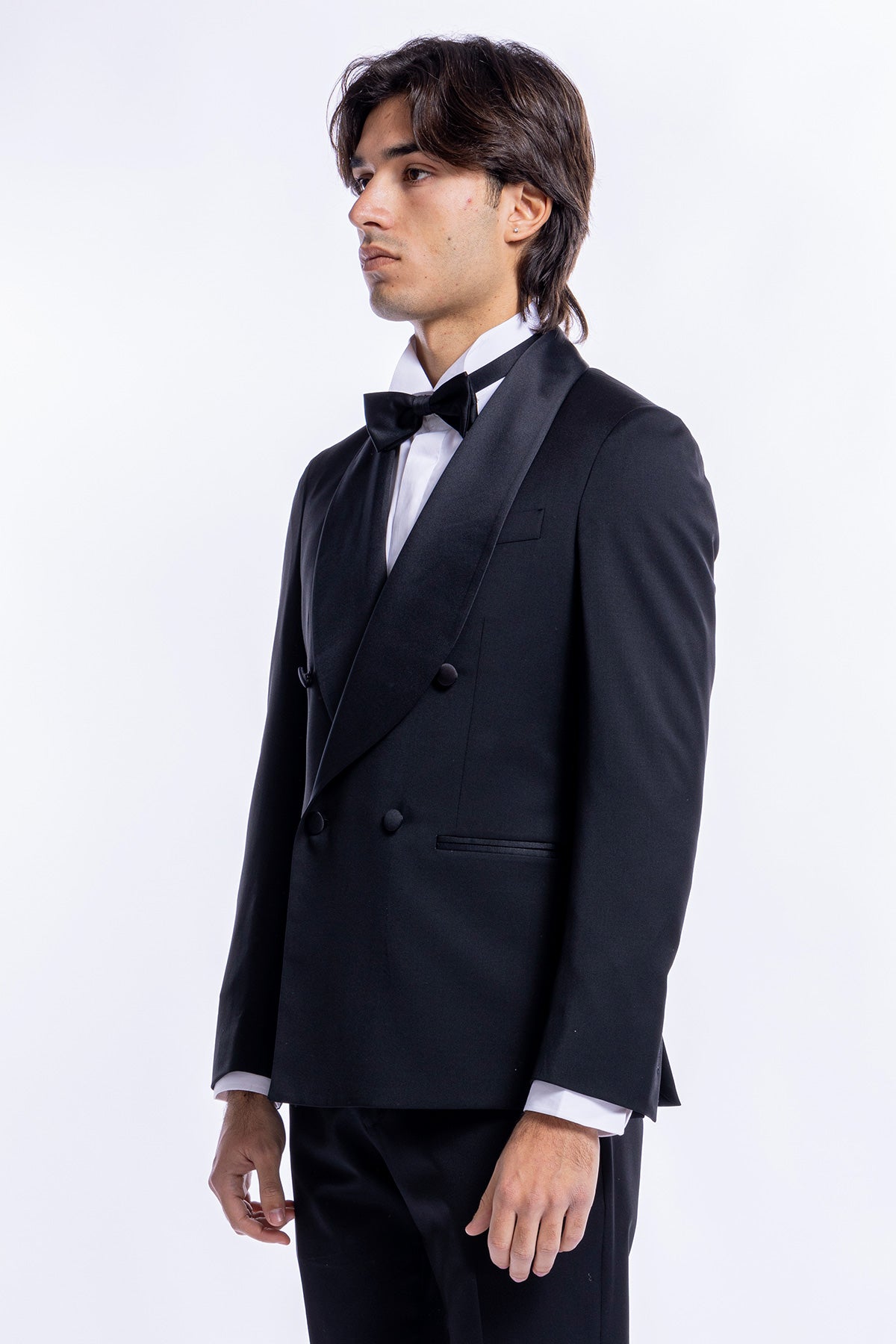 Giacca smoking Doppiopetto nera da uomo in fresco lana super 130's Vitale Barberis Canonico con rever a scialle largo in raso