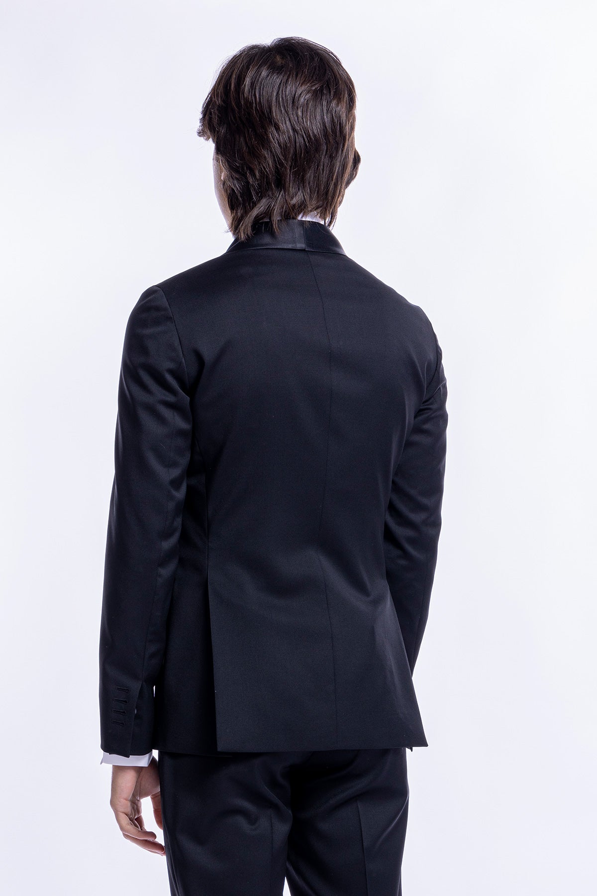 Giacca smoking Doppiopetto nera da uomo in fresco lana super 130's Vitale Barberis Canonico con rever a scialle largo in raso
