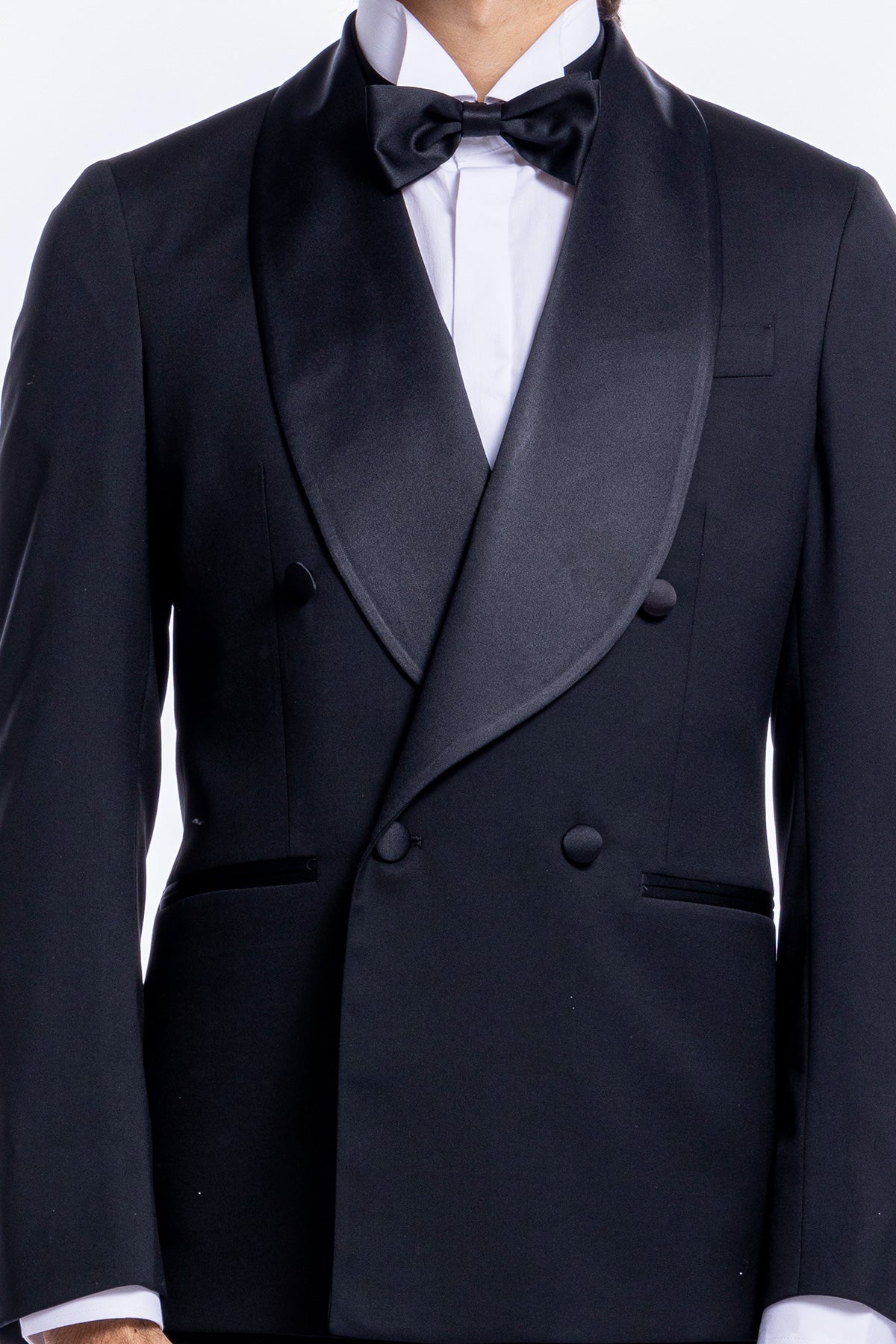Giacca smoking Doppiopetto nera da uomo in fresco lana super 130's Vitale Barberis Canonico con rever a scialle largo in raso