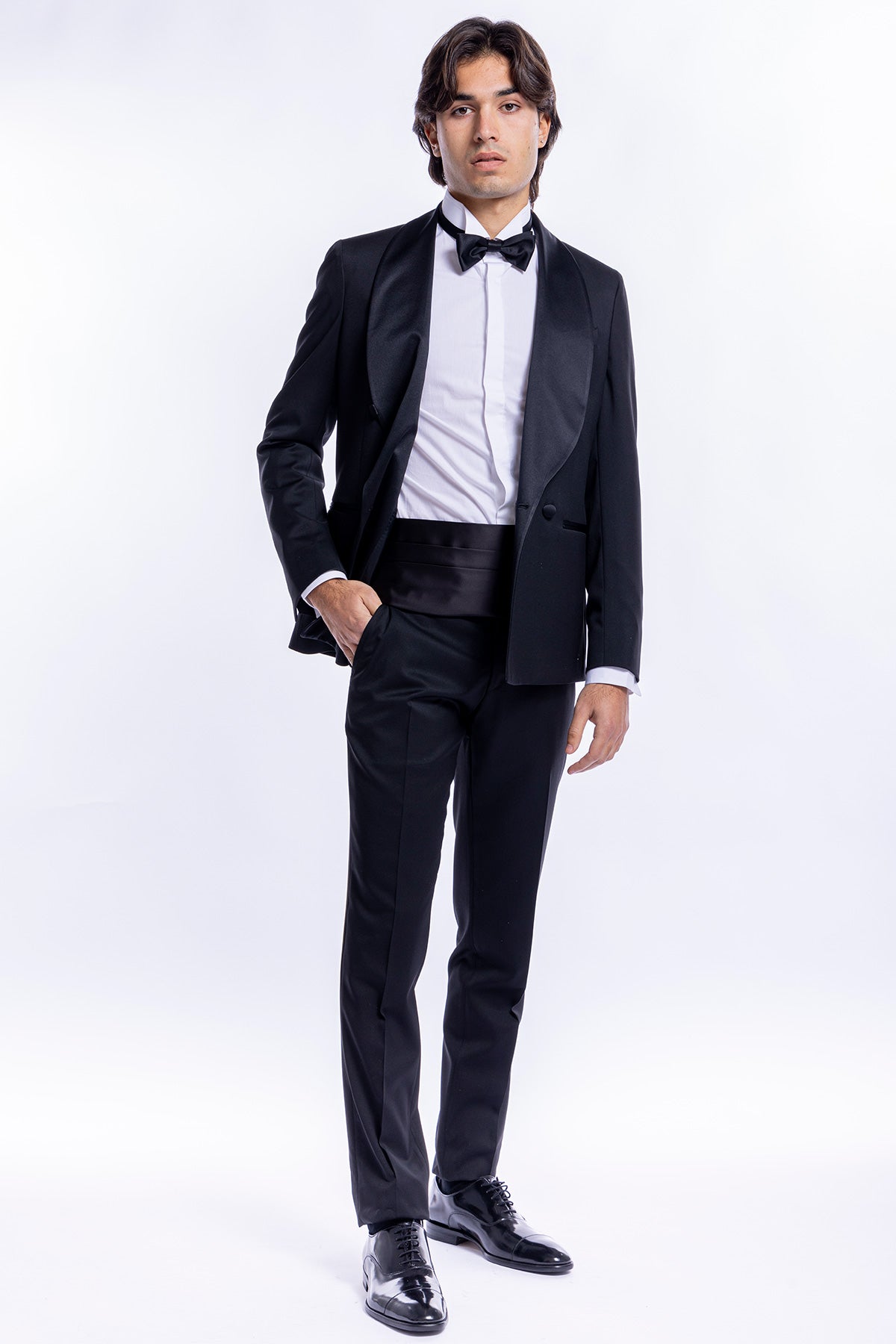 Giacca smoking Doppiopetto nera da uomo in fresco lana super 130's Vitale Barberis Canonico con rever a scialle largo in raso