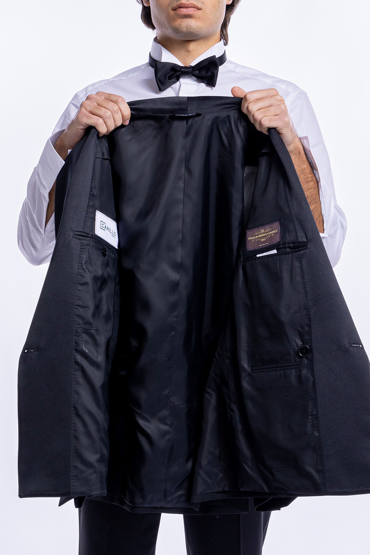 Giacca smoking Doppiopetto nera da uomo in fresco lana super 130's Vitale Barberis Canonico con rever a scialle largo in raso