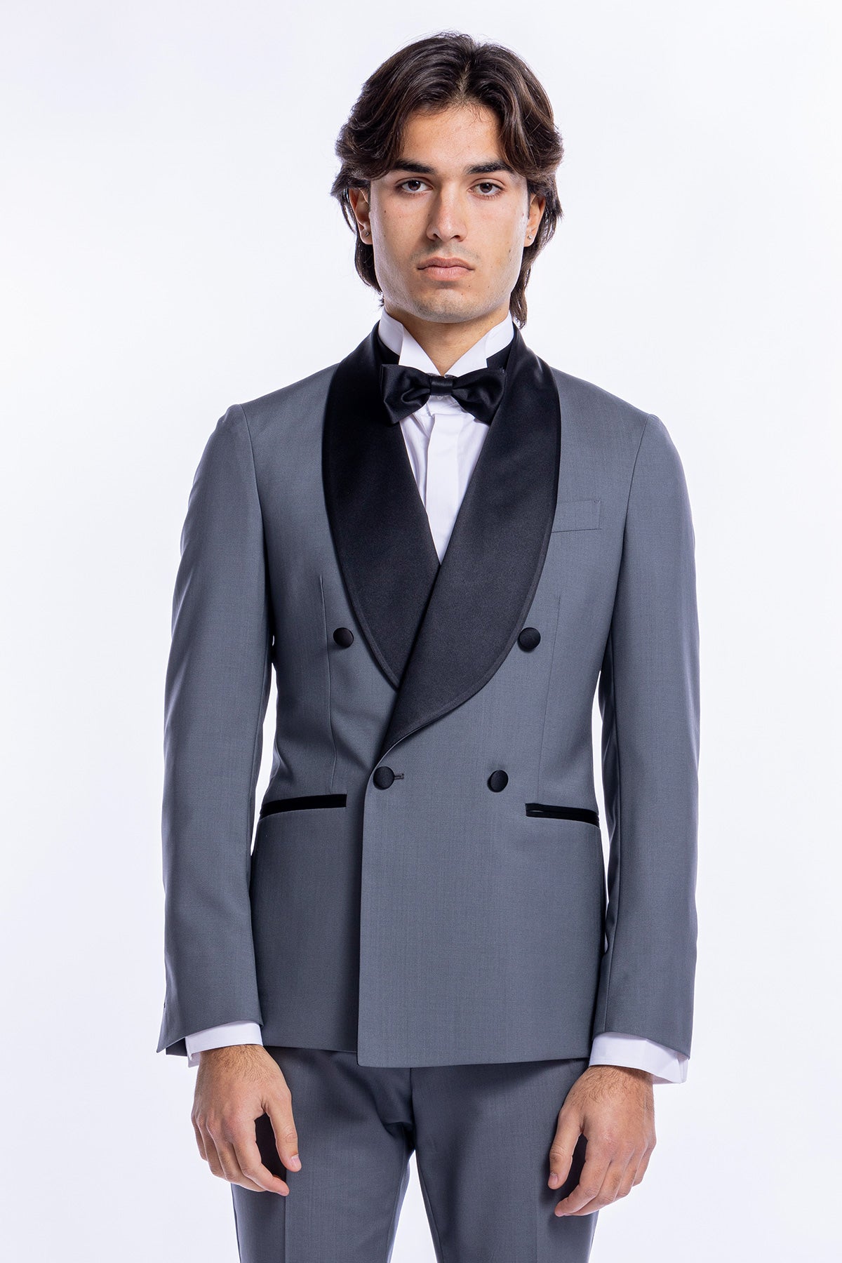 Giacca smoking Doppiopetto grigio chiaro da uomo in fresco lana super 130's Vitale Barberis Canonico con rever a scialle largo in raso nero.