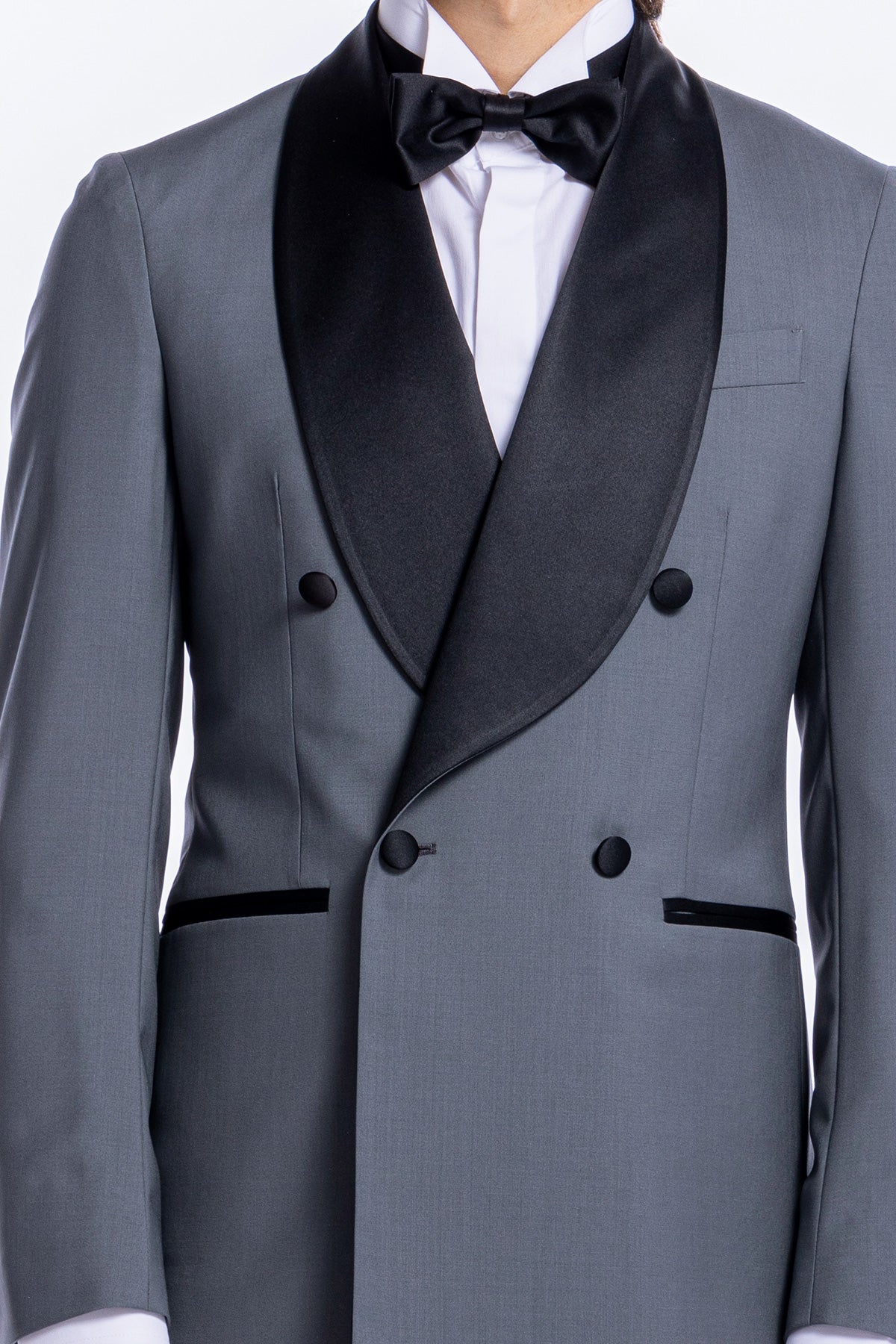 Giacca smoking Doppiopetto grigio chiaro da uomo in fresco lana super 130's Vitale Barberis Canonico con rever a scialle largo in raso nero.